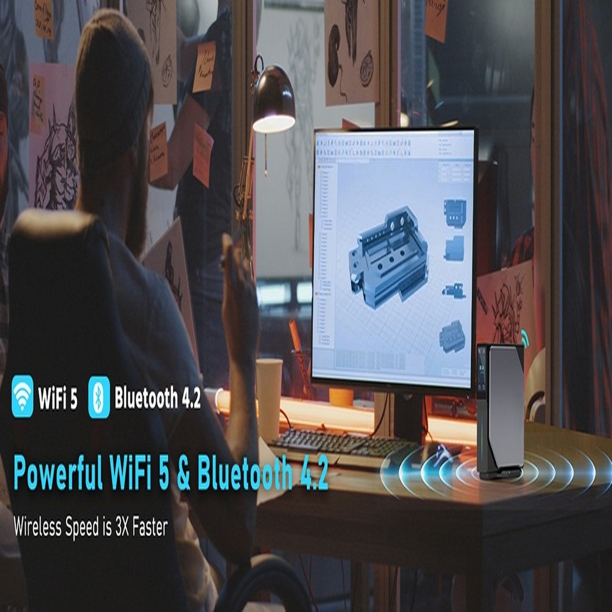 Eine Person arbeitet an einem Computer mit einem WLAN-Router. Der Text auf dem Bildschirm lautet Leistungsstarkes WLAN & Bluetooth 4.2.