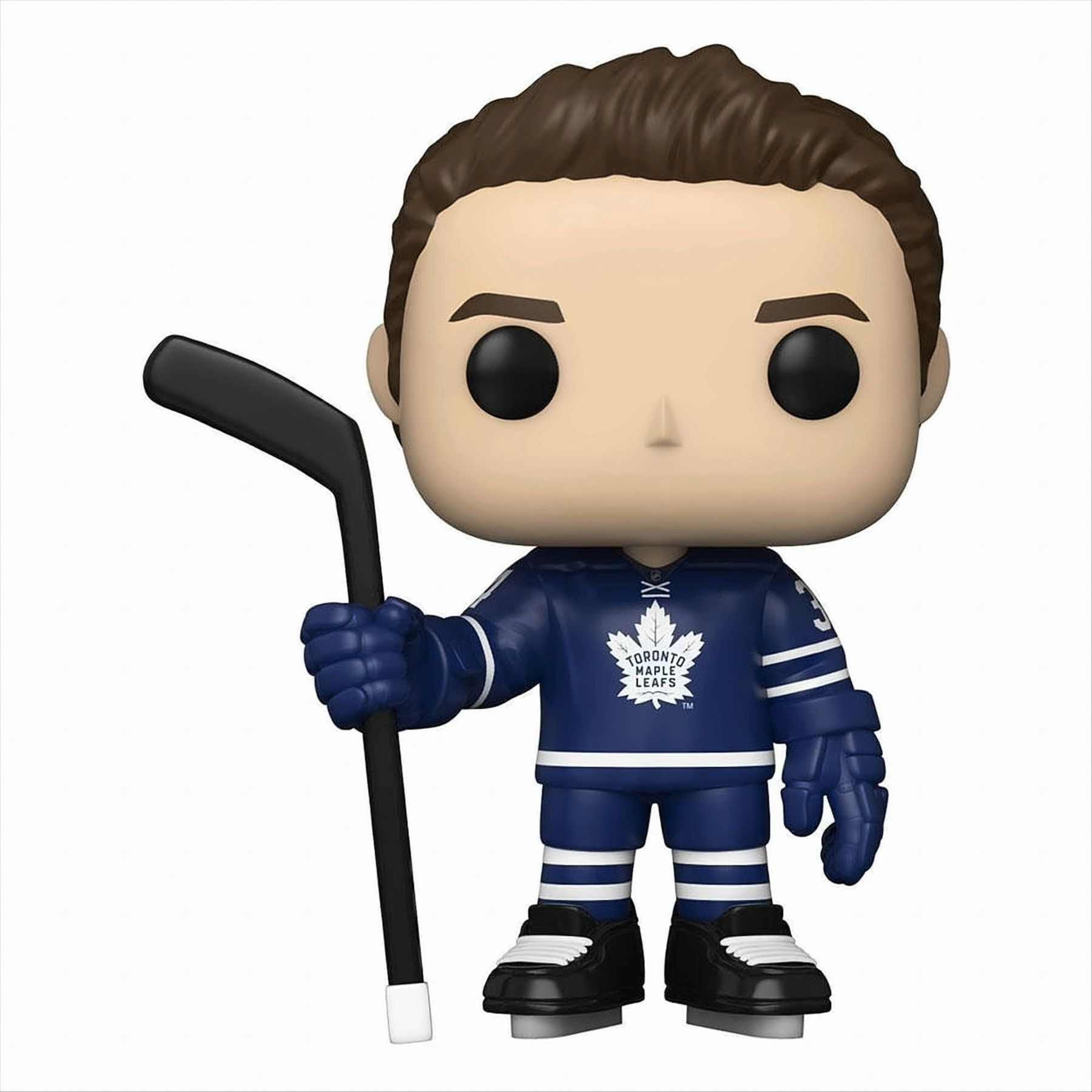 Eine Funko Pop Figur eines Eishockeyspielers im Trikot der Toronto Maple Leafs, der einen Schläger hält.