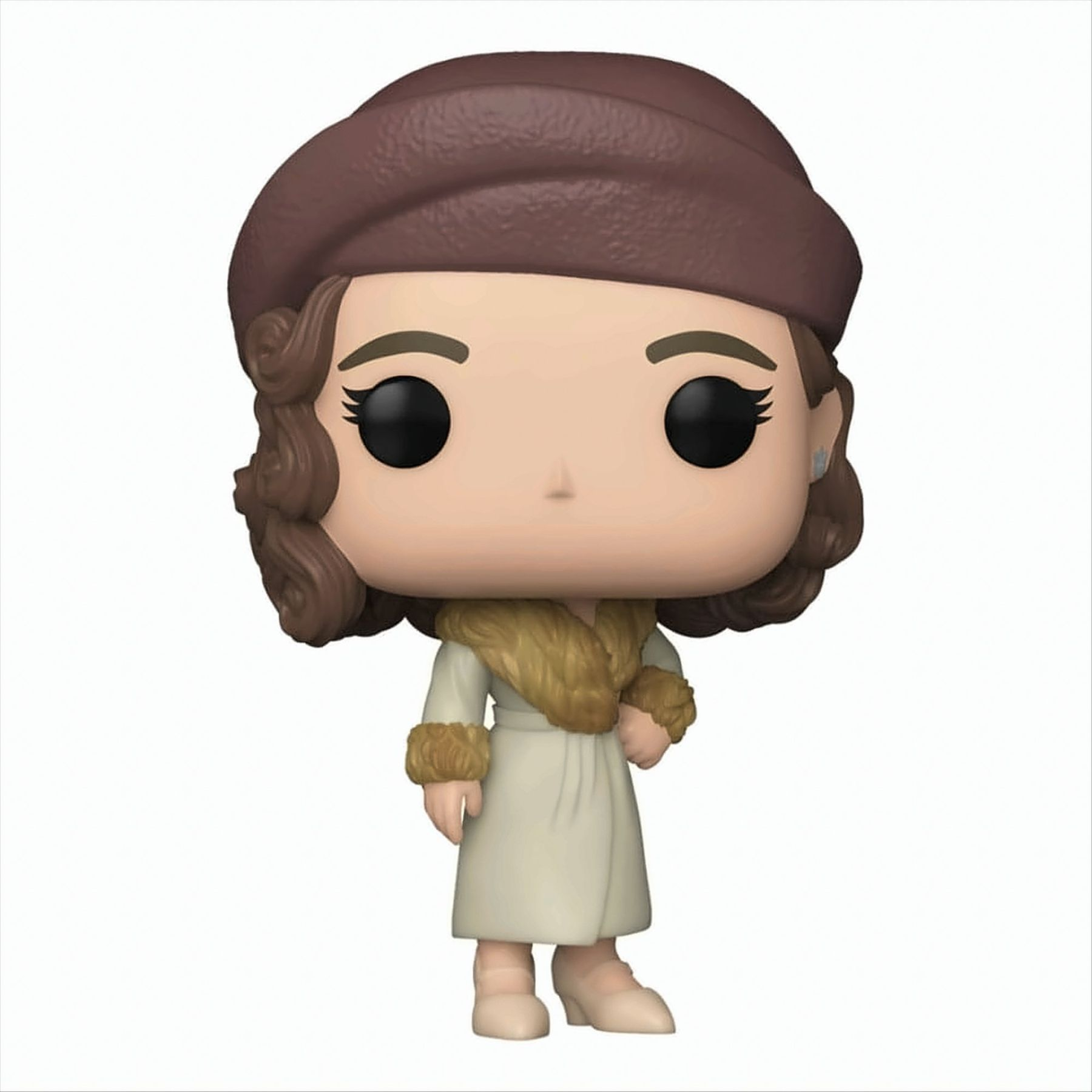 Una statuetta Funko Pop di una donna che indossa un cappotto, un cappello e un vestito.