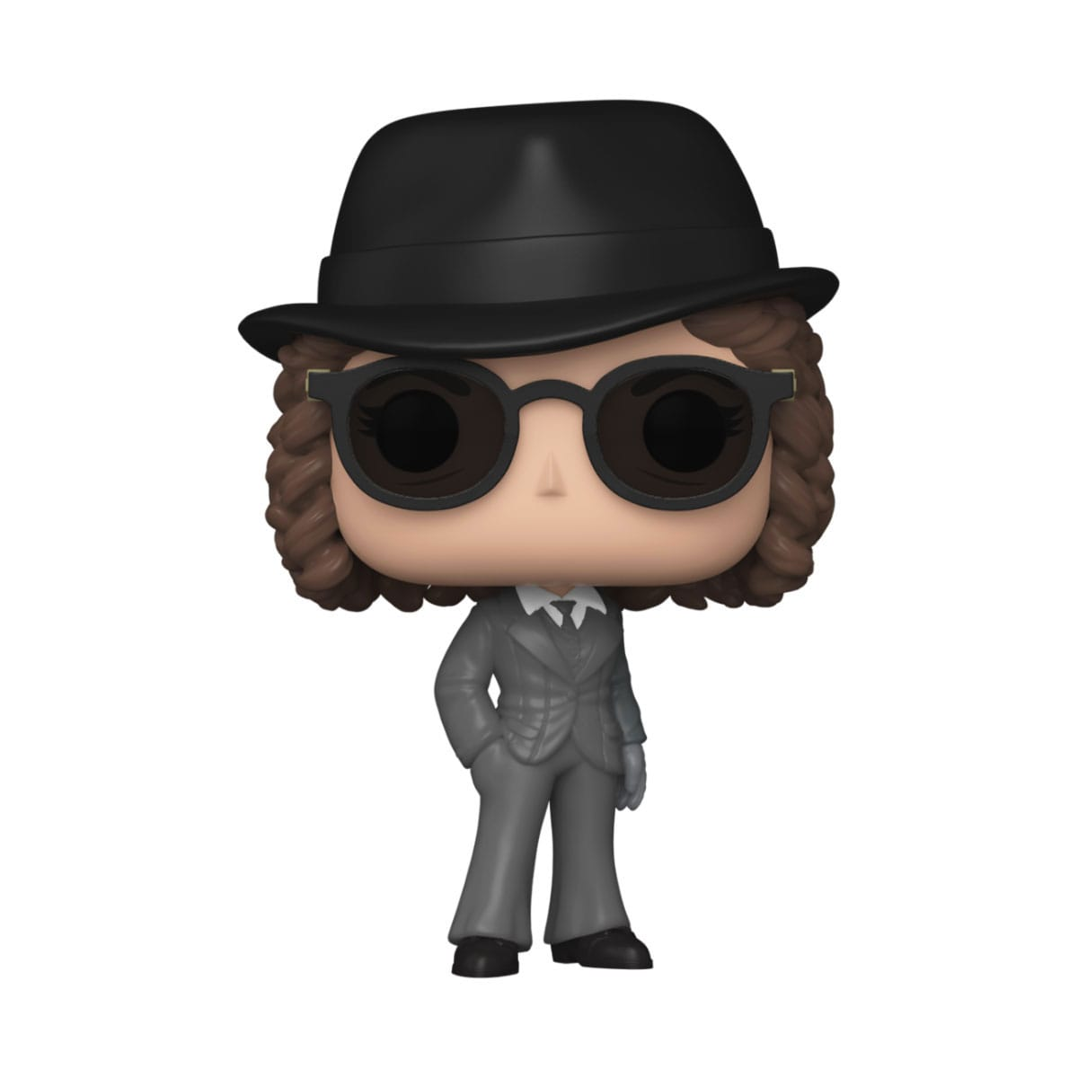 Funko Pop di un uomo in abito grigio, fedora e occhiali da sole su sfondo bianco.