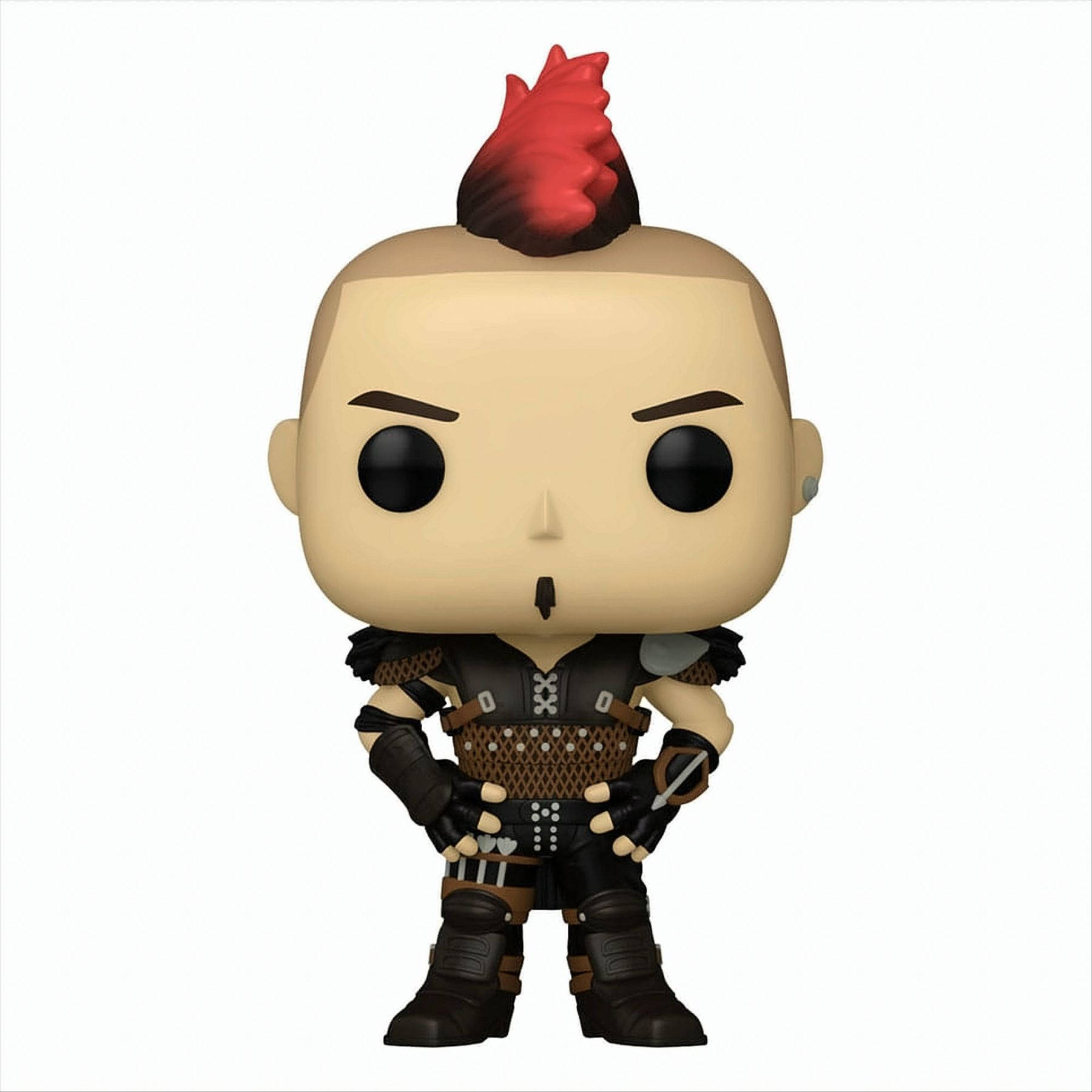 Una figura Funko Pop di un personaggio con cresta rossa e abito nero.