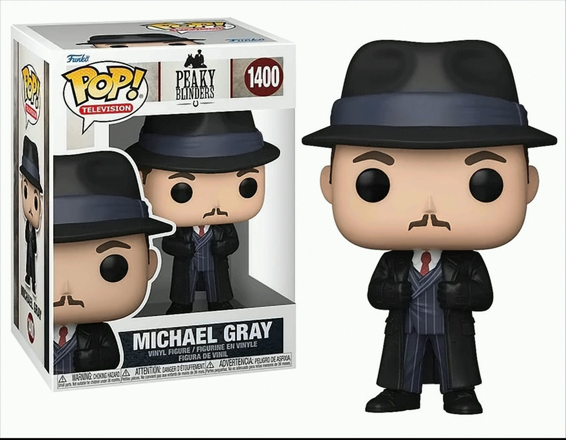 Figura e scatola di Michael Gray Funko Pop. La figura indossa cappello e cappotto lungo.