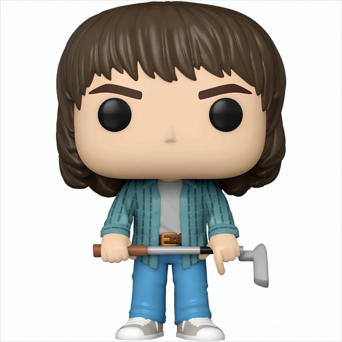 Figurka Funko Pop postaci Jonathana Byersa z serialu Stranger Things, trzymająca kij golfowy.