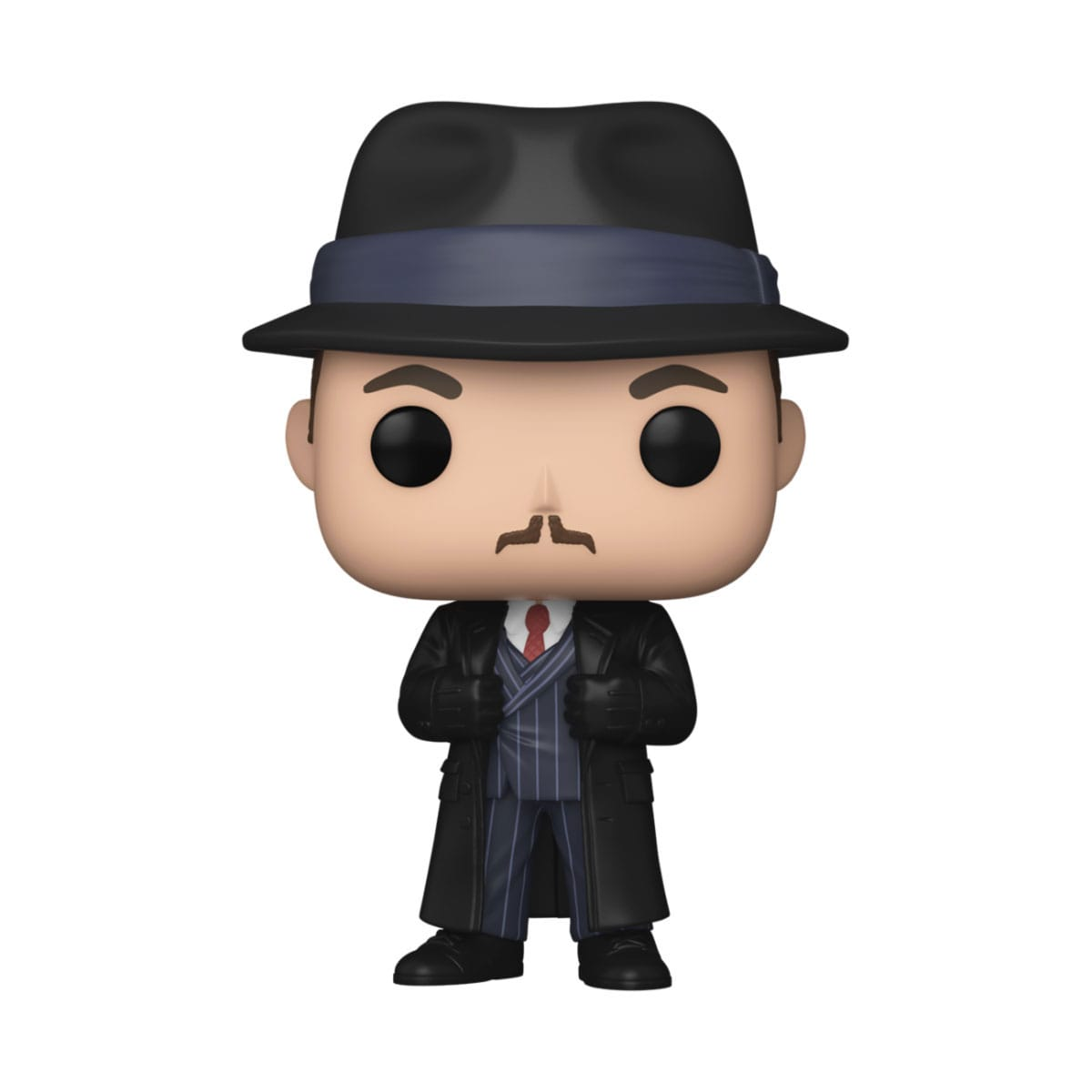 Figura Funko Pop di un uomo con cappello e cappotto neri, baffi e completo gessato.