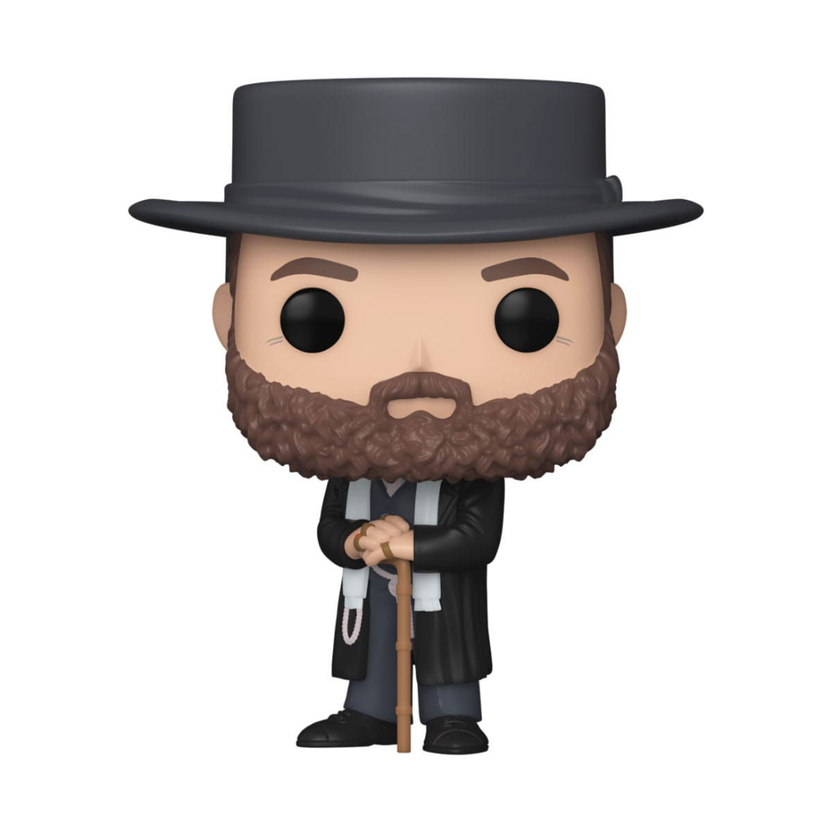 Eine Funko Pop Figur eines Mannes mit schwarzem Hut und Mantel, Bart und Gehstock.