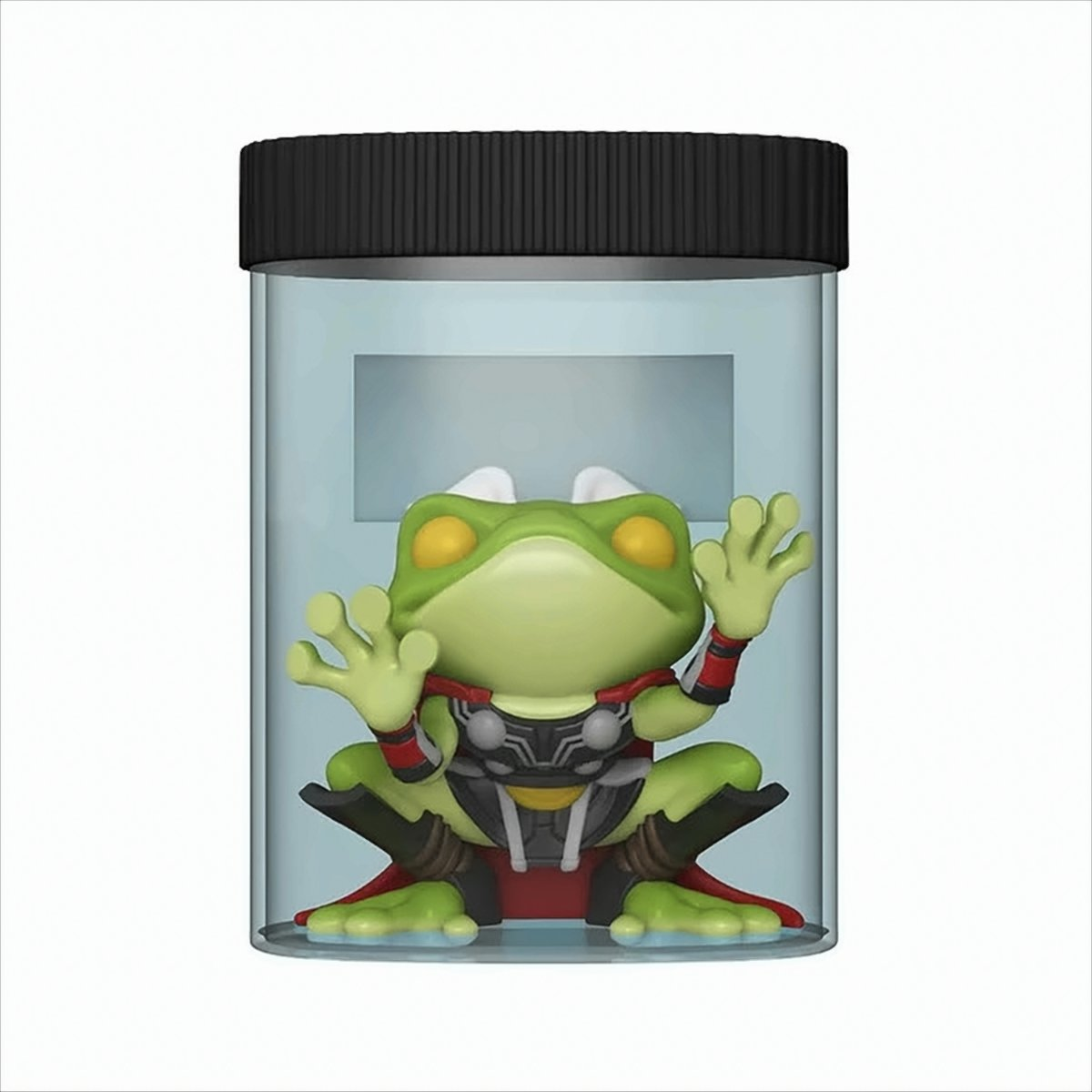Ein grünes Froschspielzeug, als Thor verkleidet, befindet sich in einem transparenten Glas mit schwarzem Deckel.