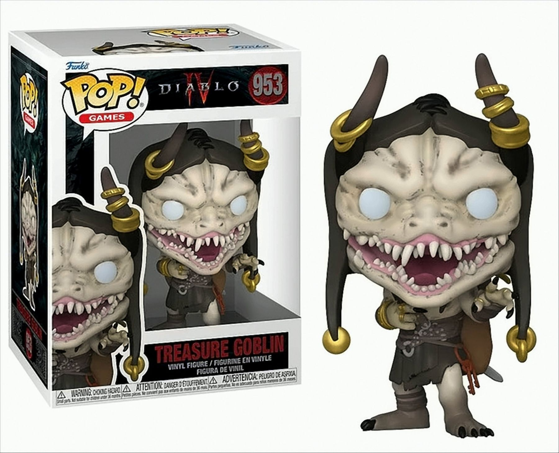 Eine Funko Pop Figur eines Diablo Schatzgoblins. Sie befindet sich in einer Box mit dem Logo des Spiels.