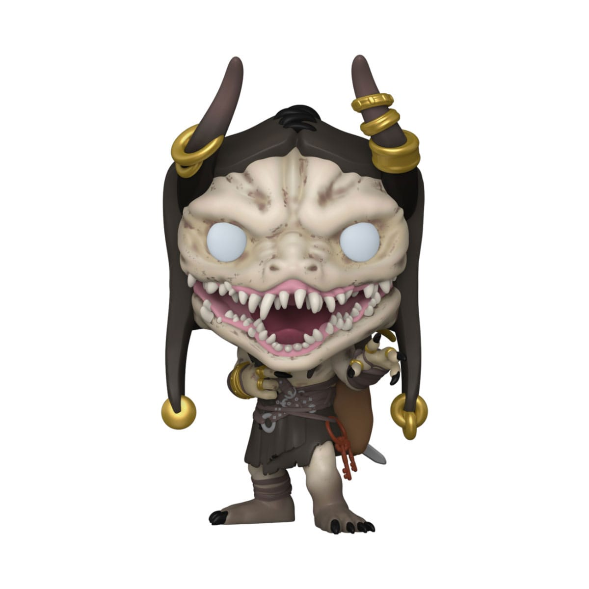 Funko Pop Figur eines Monsters mit Hörnern, scharfen Zähnen und braunem Beutel.