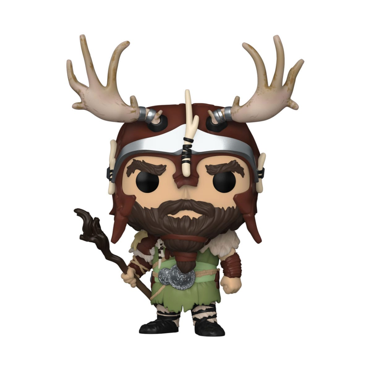 Funko Pop-Figur eines Mannes mit Geweih, Bart und Stab auf weißem Hintergrund.