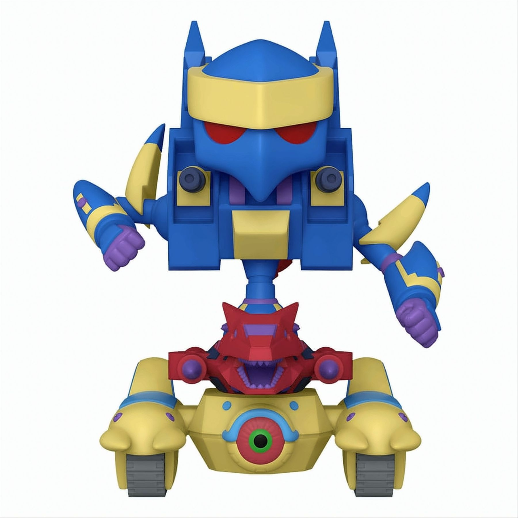 Giocattolo robot in blu, giallo e rosso. Ha una base a carro armato e una testa.