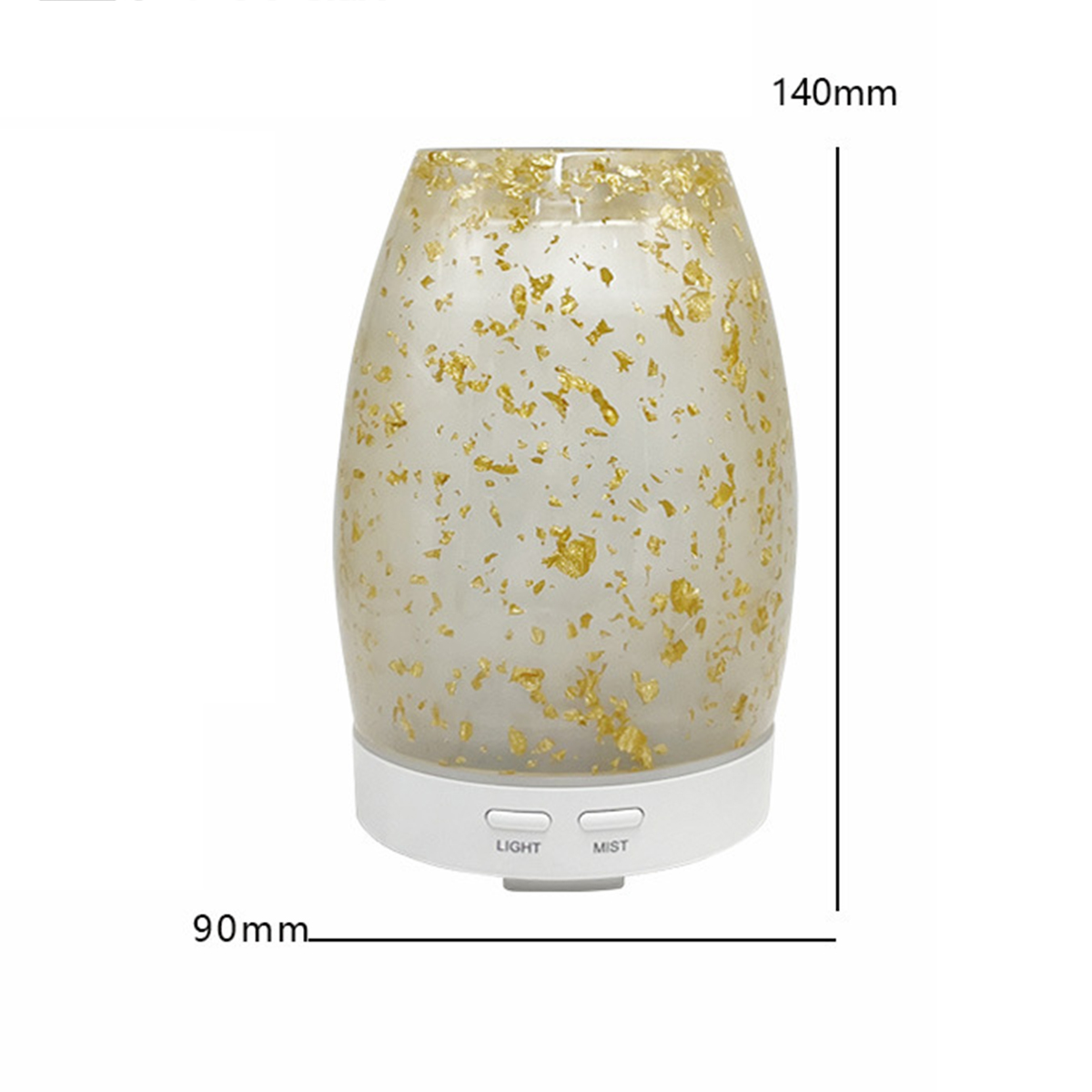 Ein weißer und goldener Glas-Aromadiffusor. Er hat die Maße 140 mm x 90 mm.