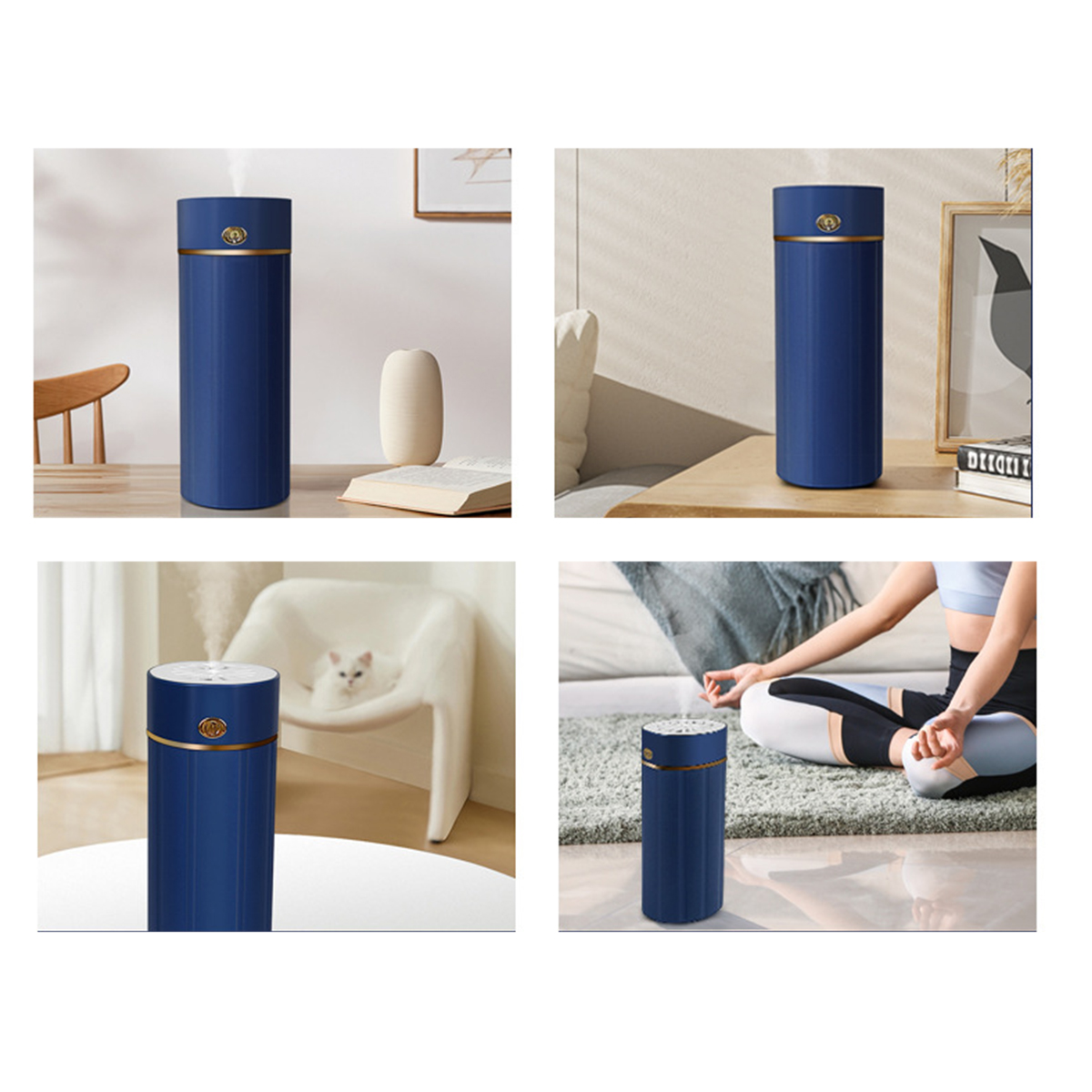 Vier Bilder eines blauen Luftbefeuchters in verschiedenen Umgebungen, darunter ein Wohnzimmer und eine Yoga-Szene.