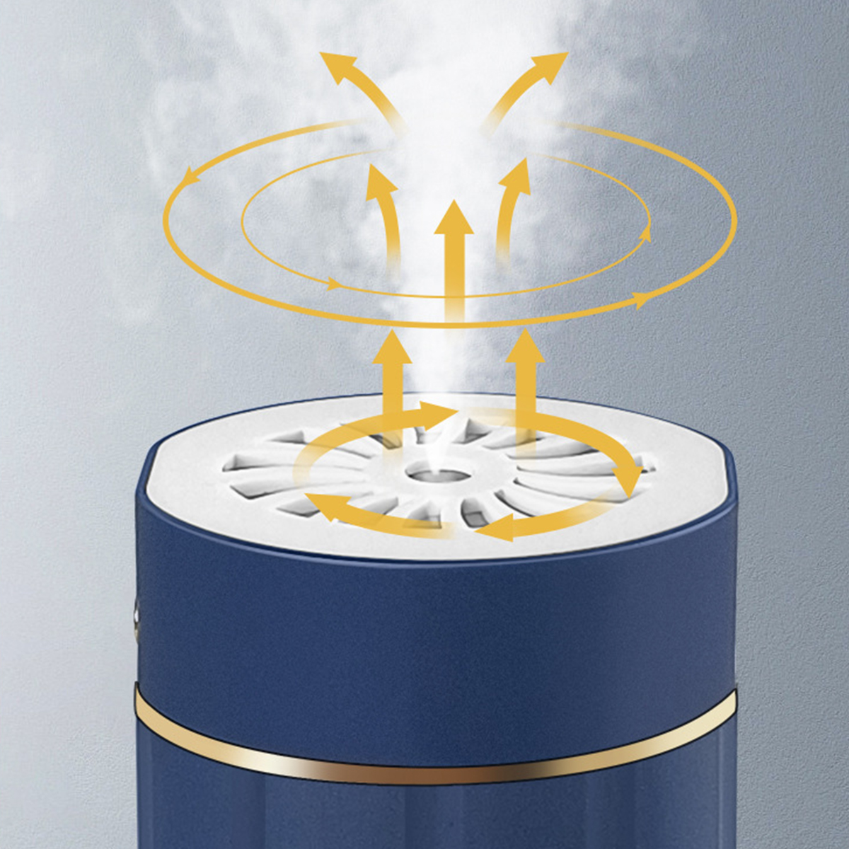 Blauer und goldener Lufterfrischer mit Pfeilen, die den Luftstrom und Dampf zeigen.