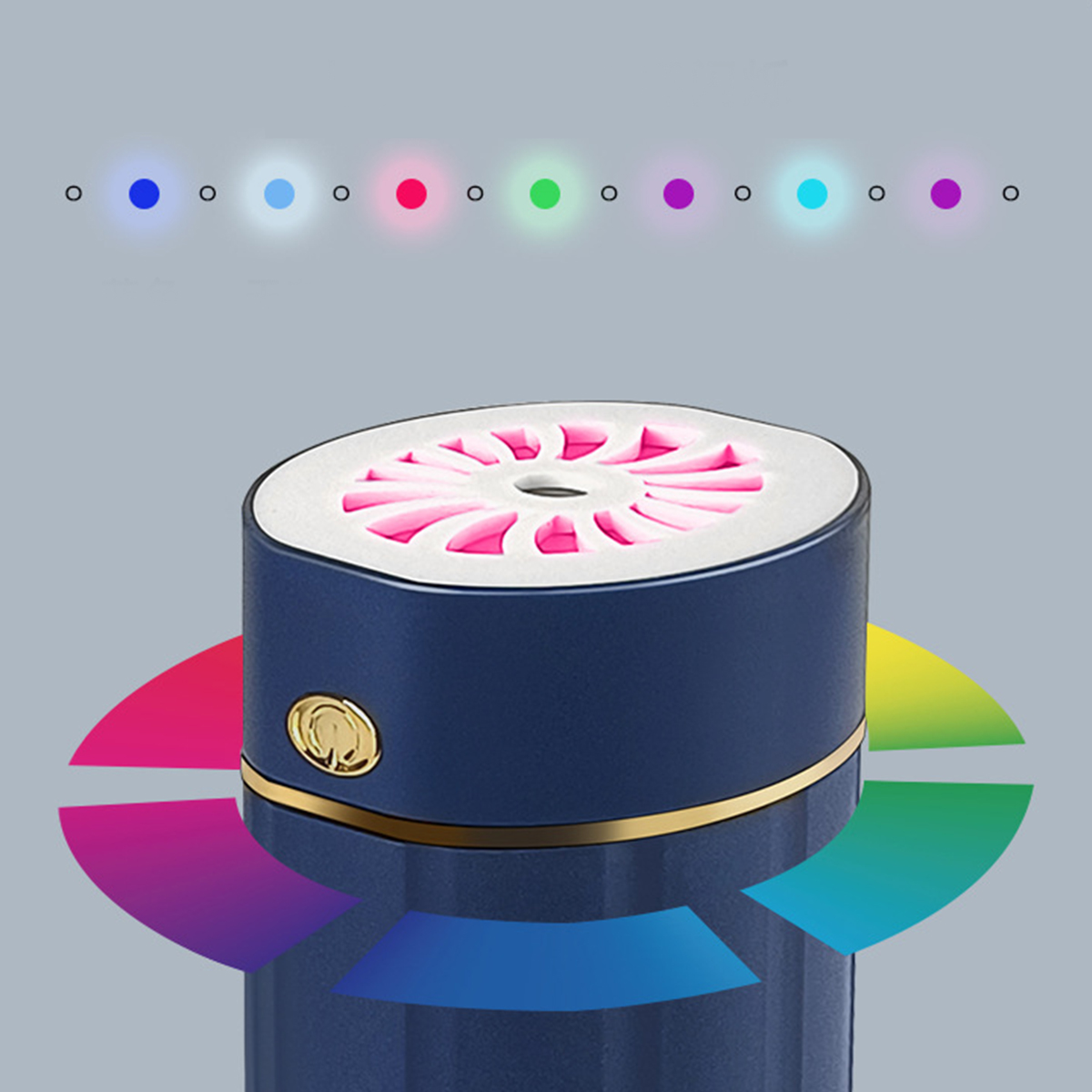 Blauer und goldener Diffusor mit farbigen Lichtern. Die Lichter kreisen um das Gerät.