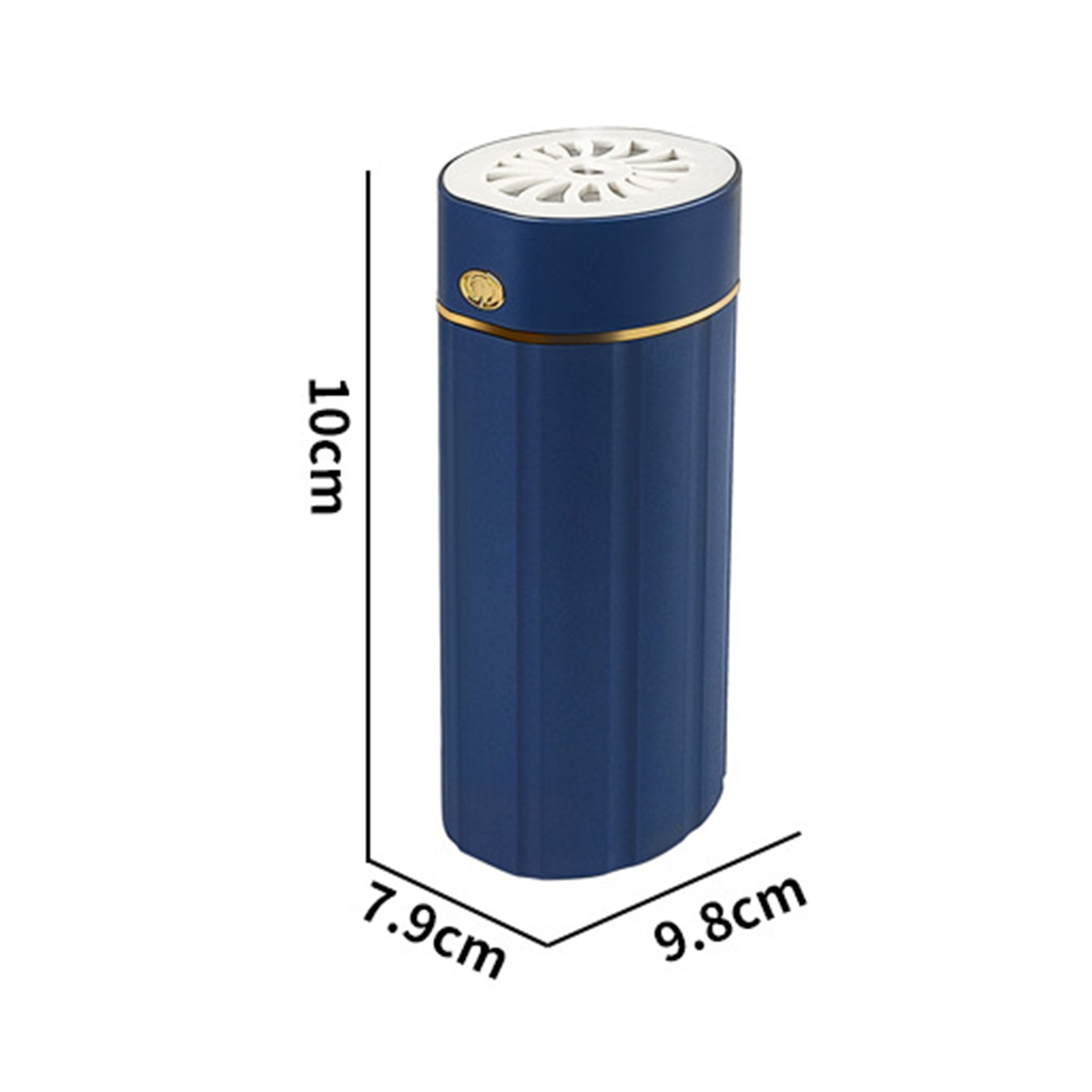 Marineblauer, zylindrischer Luftreiniger mit weißer Oberseite und goldenen Akzenten. Abmessungen.