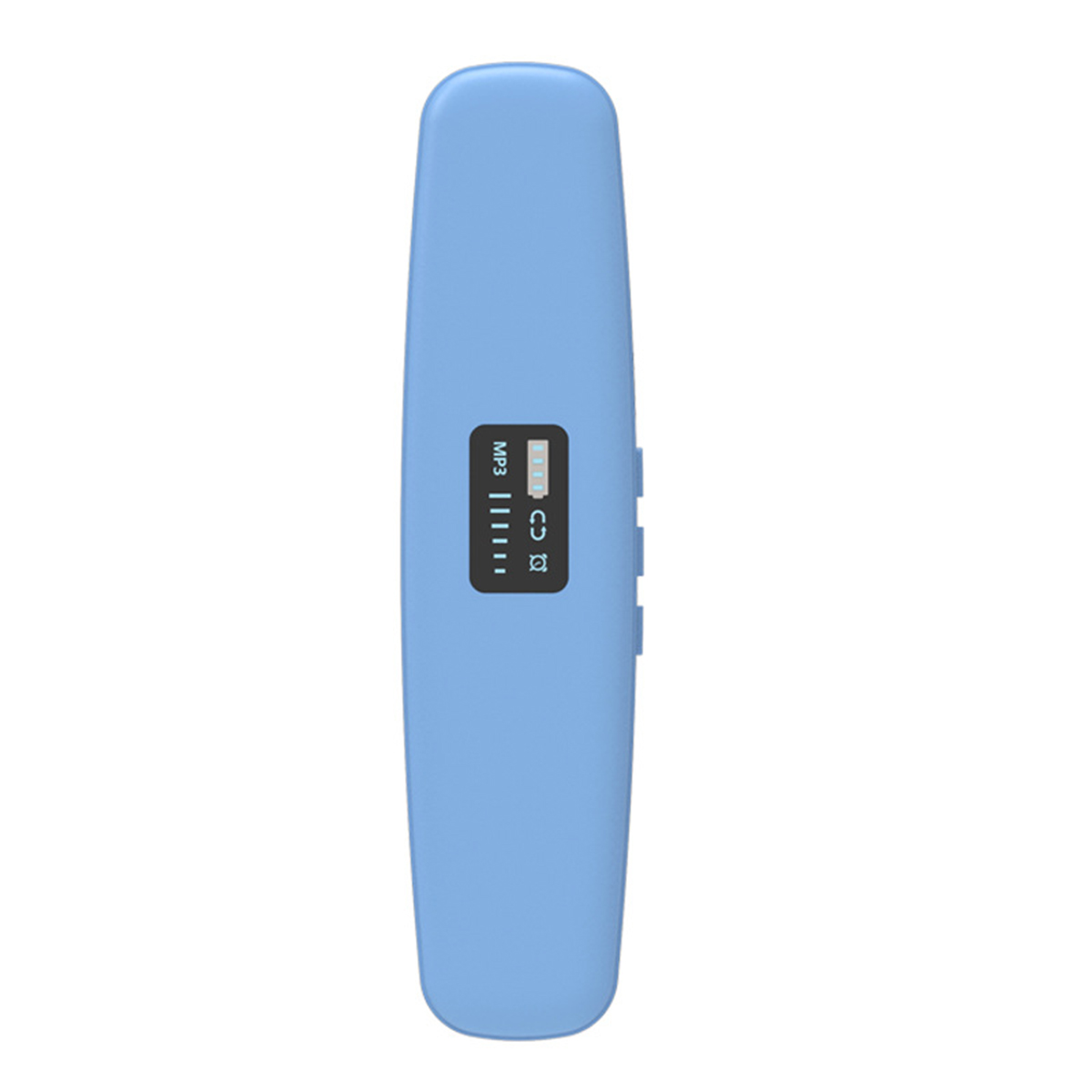 Blauer MP3-Player mit kleinem Bildschirm. Zeigt Akku- und MP3-Status an.