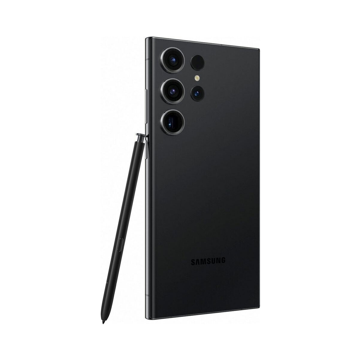Czarny smartfon Samsung z rysikiem, na białym tle.