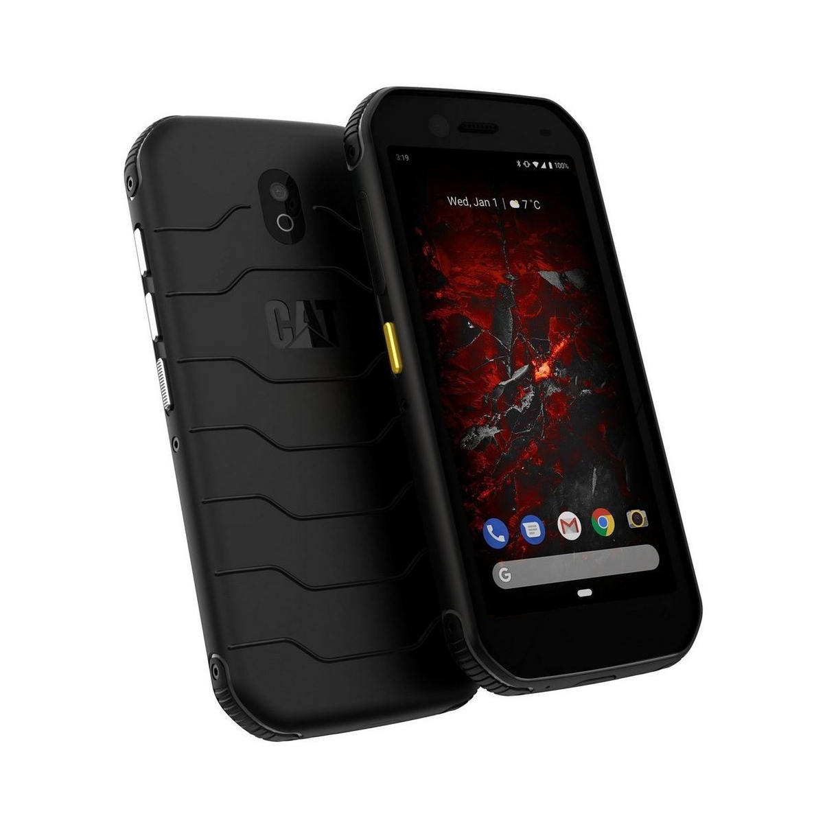Zwarte, robuuste smartphone met zwarte hoes. Scherm toont een rode achtergrond.
