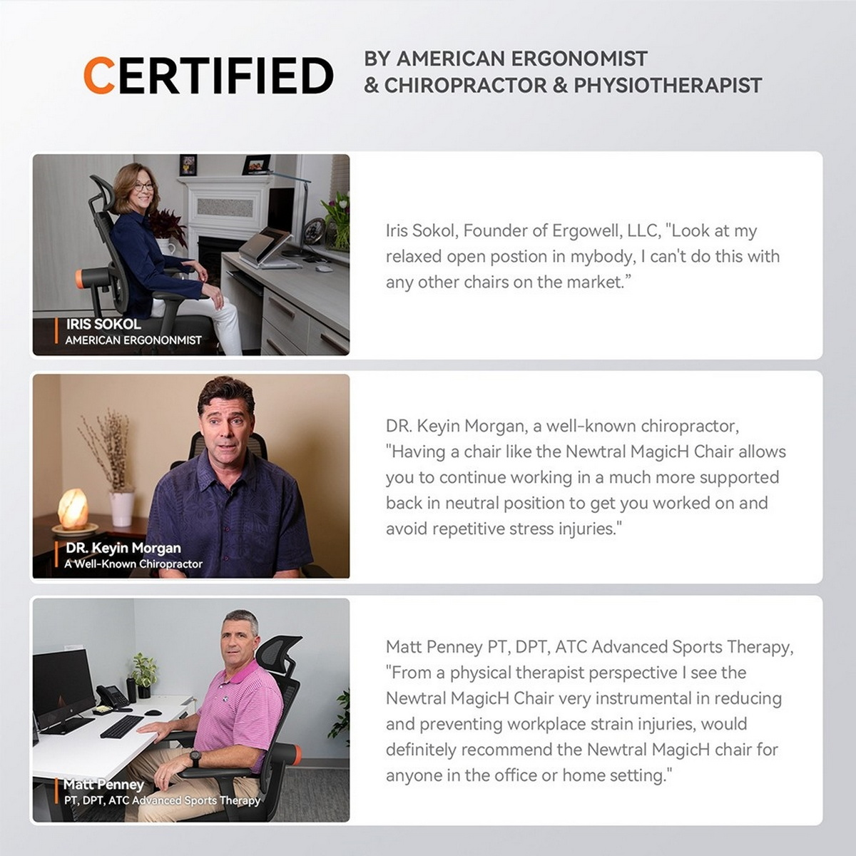 Immagine con testimonianze su una sedia da un ergonomista e un chiropratico americani.