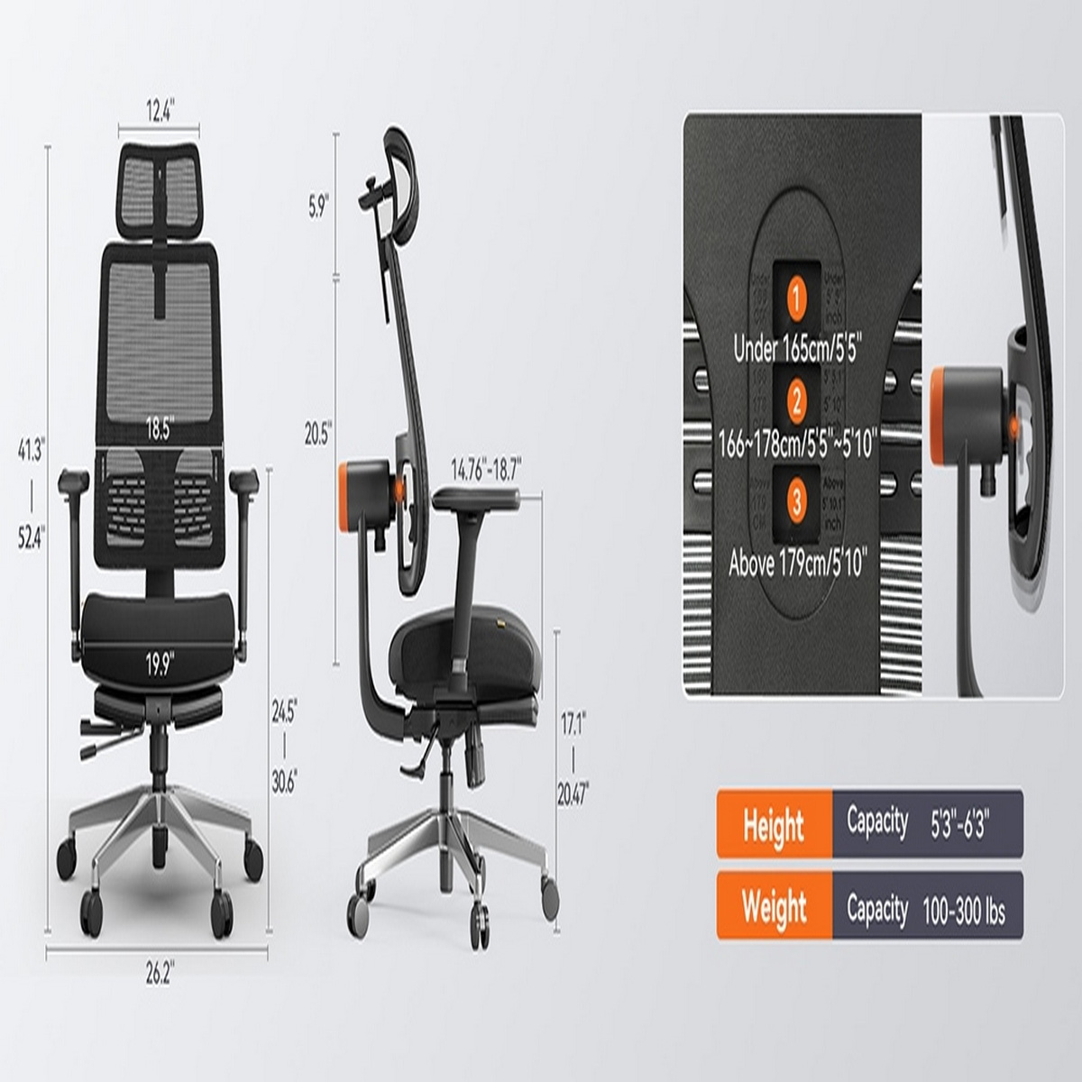 Una sedia da ufficio nera ergonomica con dettagli di misurazione e una tabella altezza/peso.
