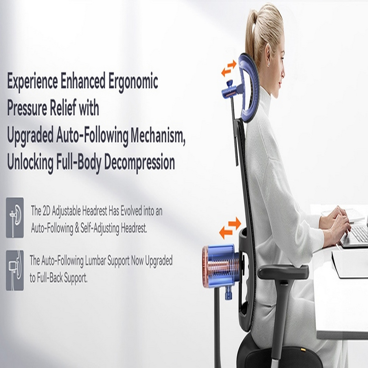 Donna seduta su una sedia ergonomica, con un diagramma delle caratteristiche.