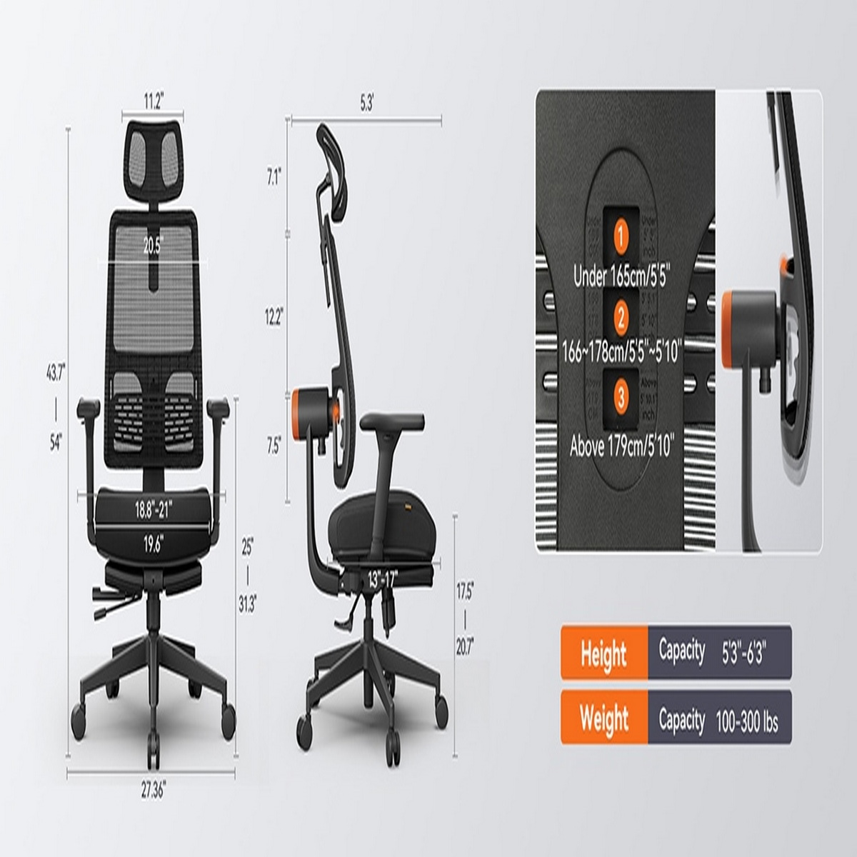 Una sedia da ufficio ergonomica con misure, dettagli di altezza e peso e indicatori di regolazione.
