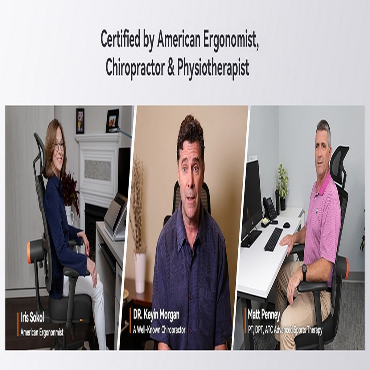 Immagine di tre persone, sedute su una sedia ergonomica, con testo sulla certificazione.