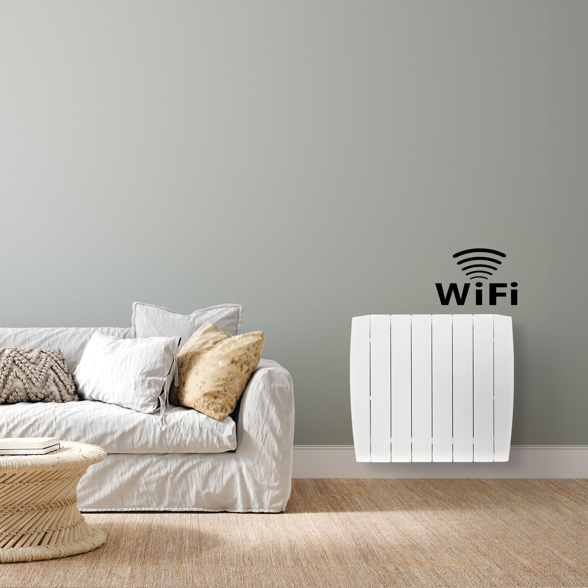 Sofá blanco, mesa auxiliar y radiador blanco con símbolo WIFI en pared verde claro.