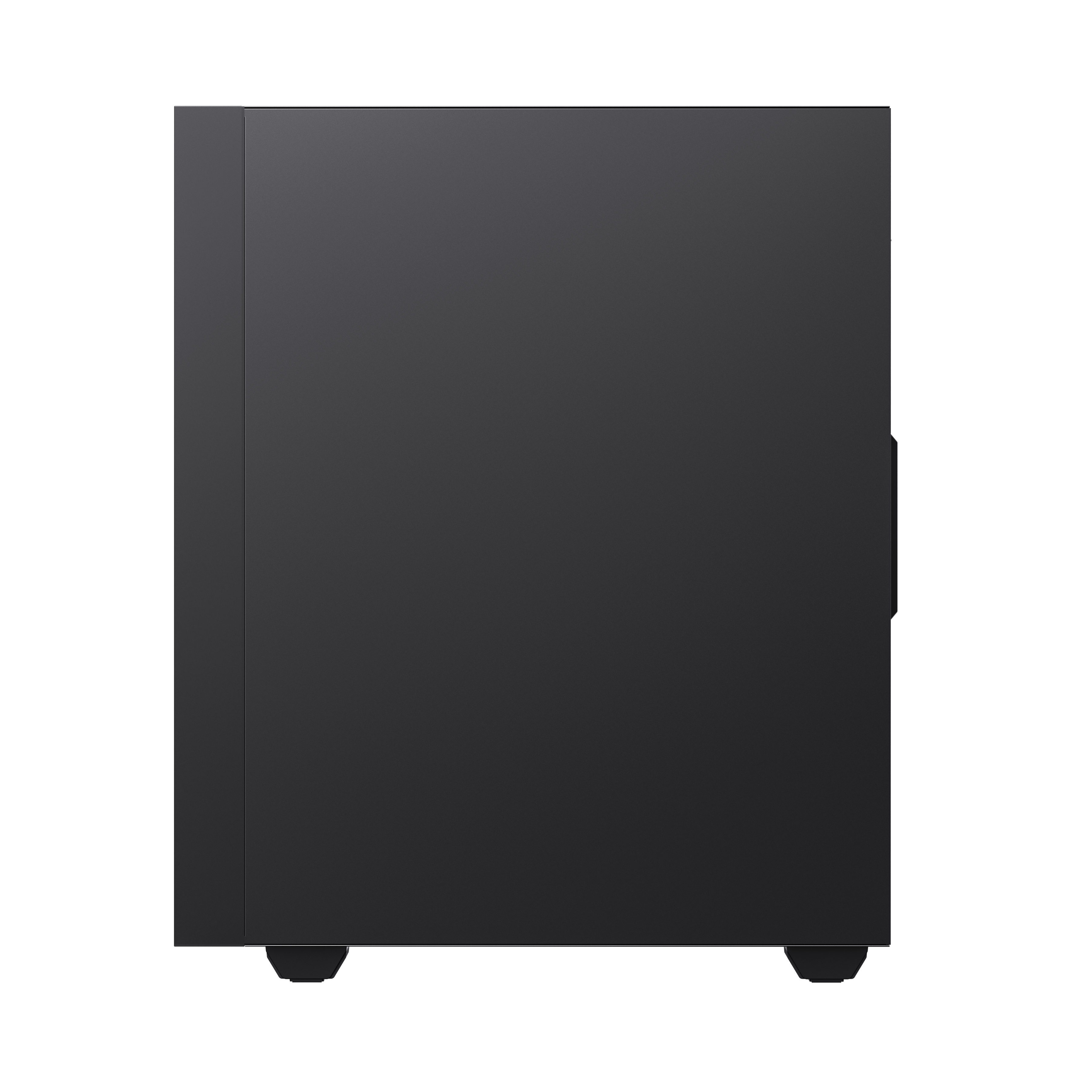 Ein schwarzes Computergehäuse, das auf einer schwarzen Oberfläche steht. Das Gehäuse ist rechteckig.