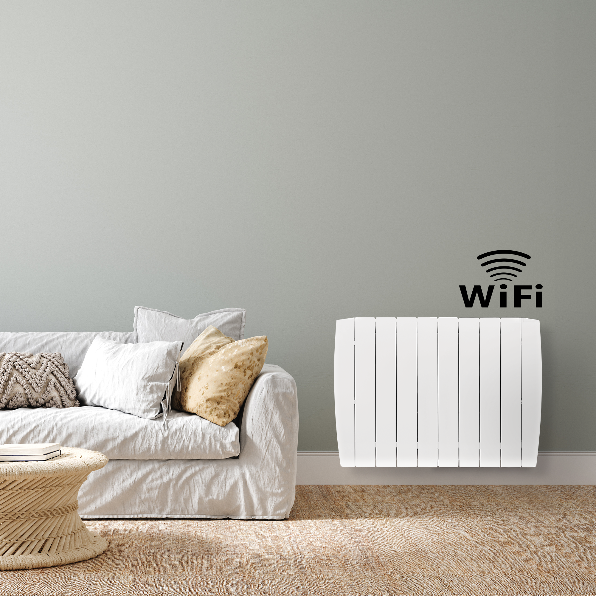 Calentador eléctrico blanco en una pared, junto a un sofá blanco y símbolo WiFi.