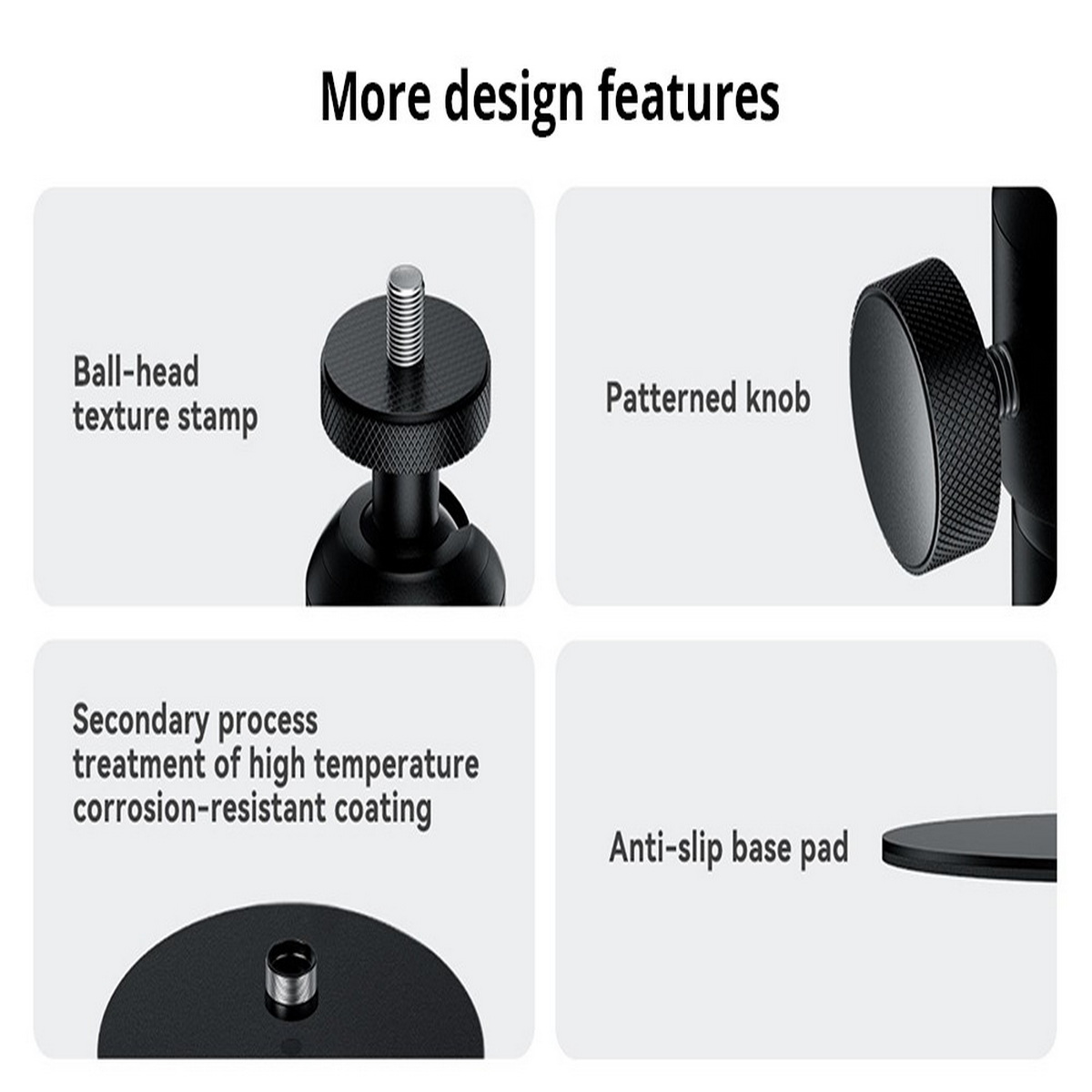 Cztery zdjęcia akcesoriów do statywu: stempel głowicy kulowej, wzorzyste pokrętło, powłoka i podkładka antypoślizgowa.