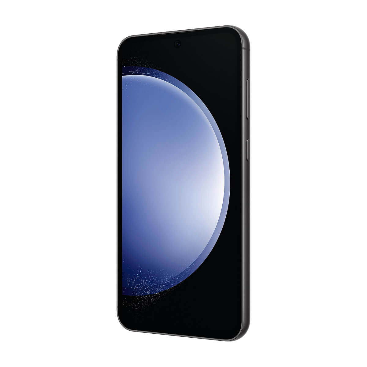 Czarny smartfon na białym tle. Ekran wyświetla niebieski, zakrzywiony wzór.