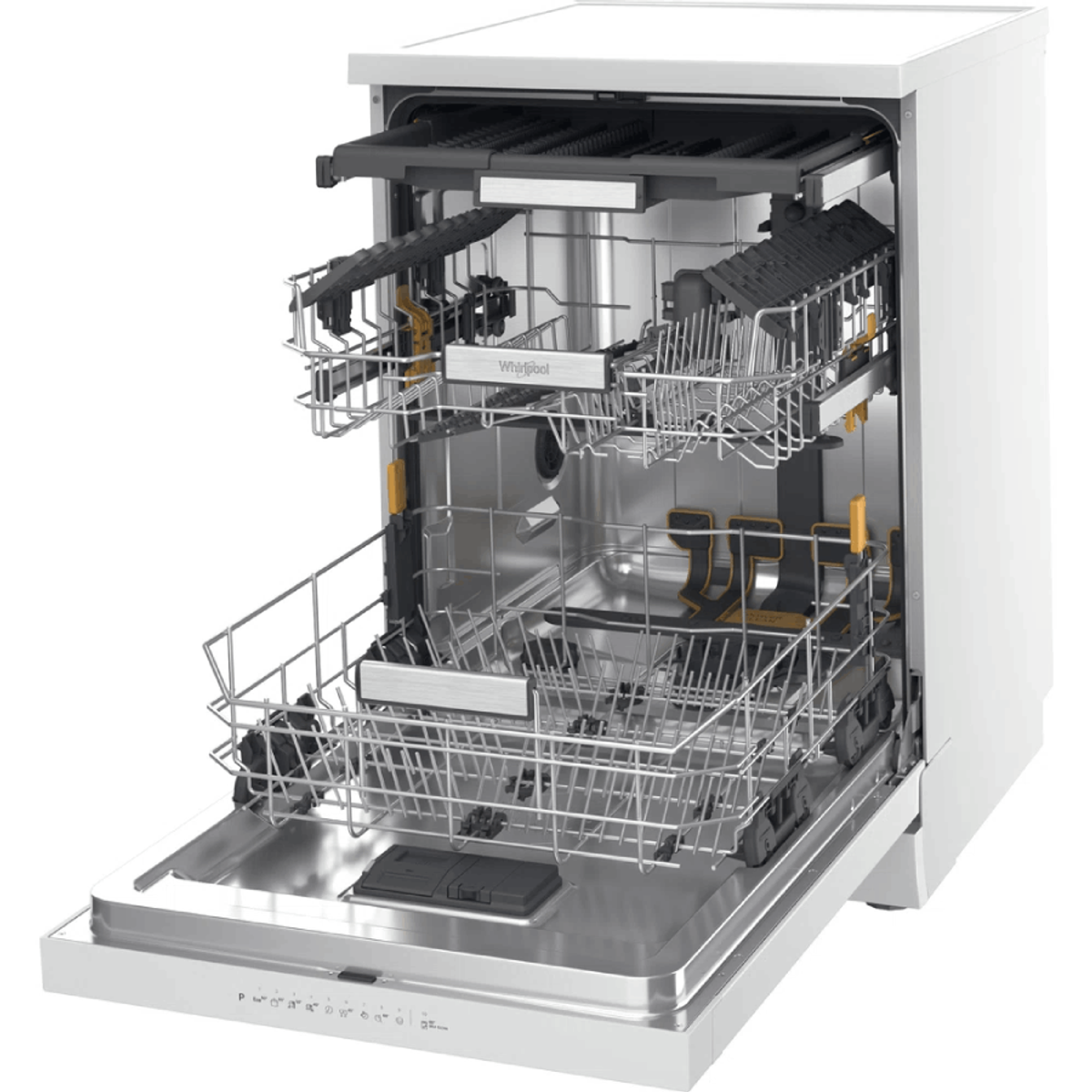 White dishwasher with door open. Interior features racks and spray arms. 