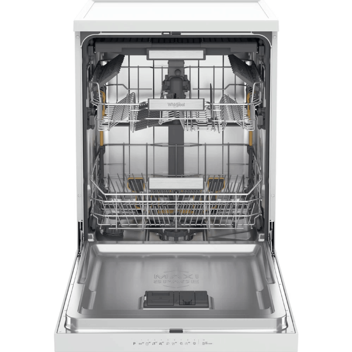 A white Whirlpool Maxi Space dishwasher with the door open, showing the interior.