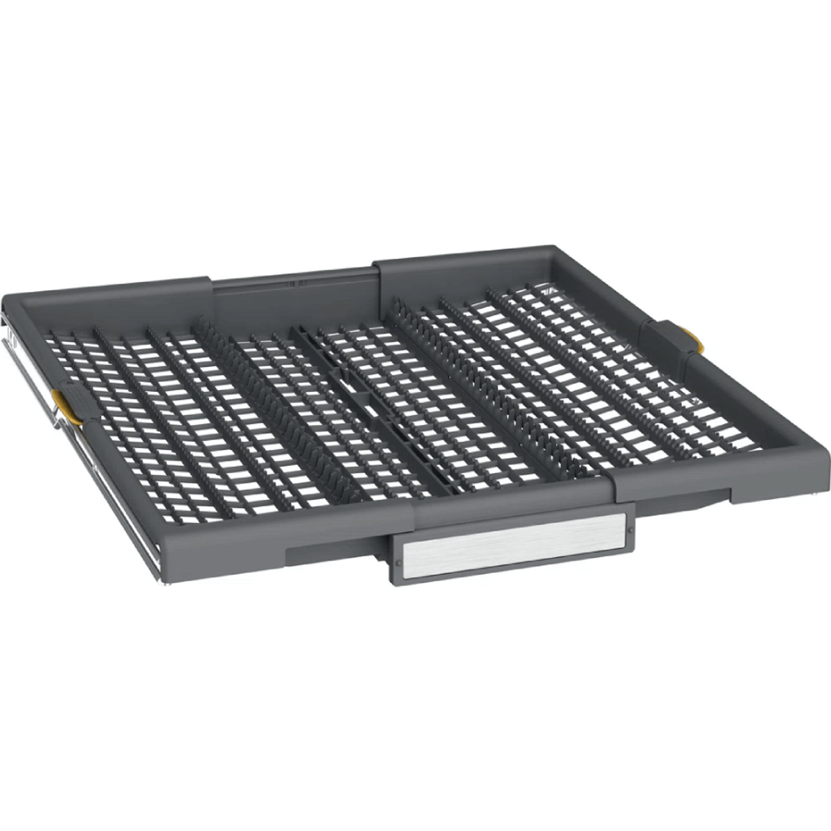 Dishwasher tray, gray, with slots for dishes. White background.