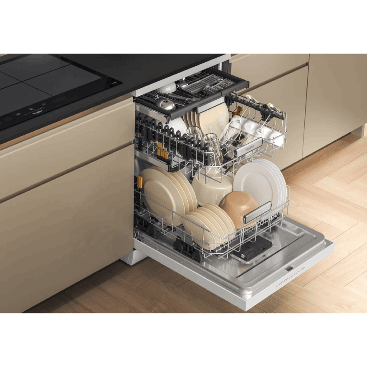 Dishwasher with open door loaded with dishes. Beige cabinet on the side. Stainless steel interior.