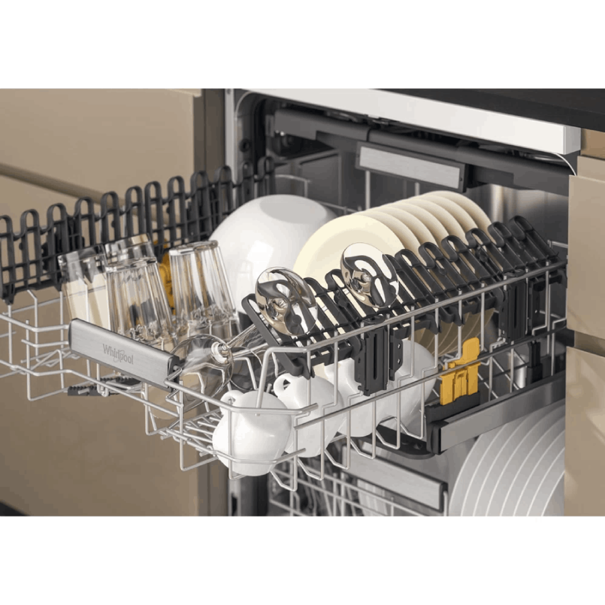 Dishwasher basket with glasses, plates, and cutlery, inside an open dishwasher.