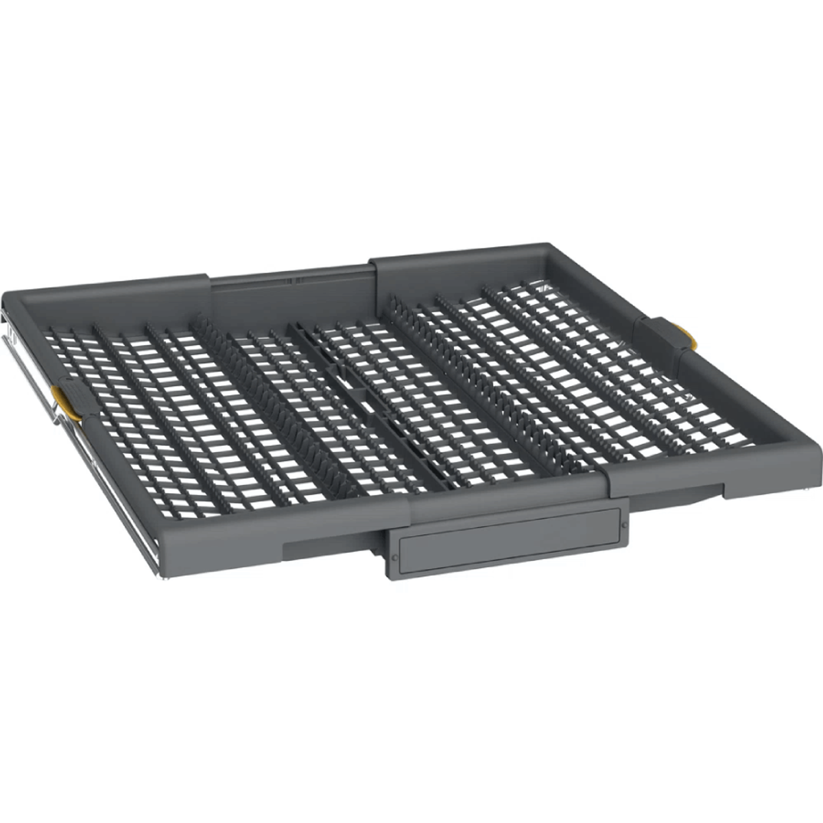 Una rejilla gris para lavavajillas con ranuras para platos. Está vacía y lista para cargar.