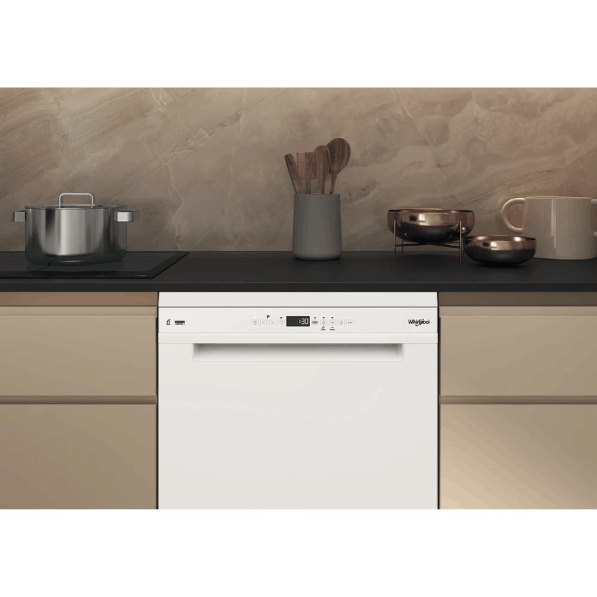 White dishwasher with a digital display. Kitchen counter with pots, utensils, and decor.