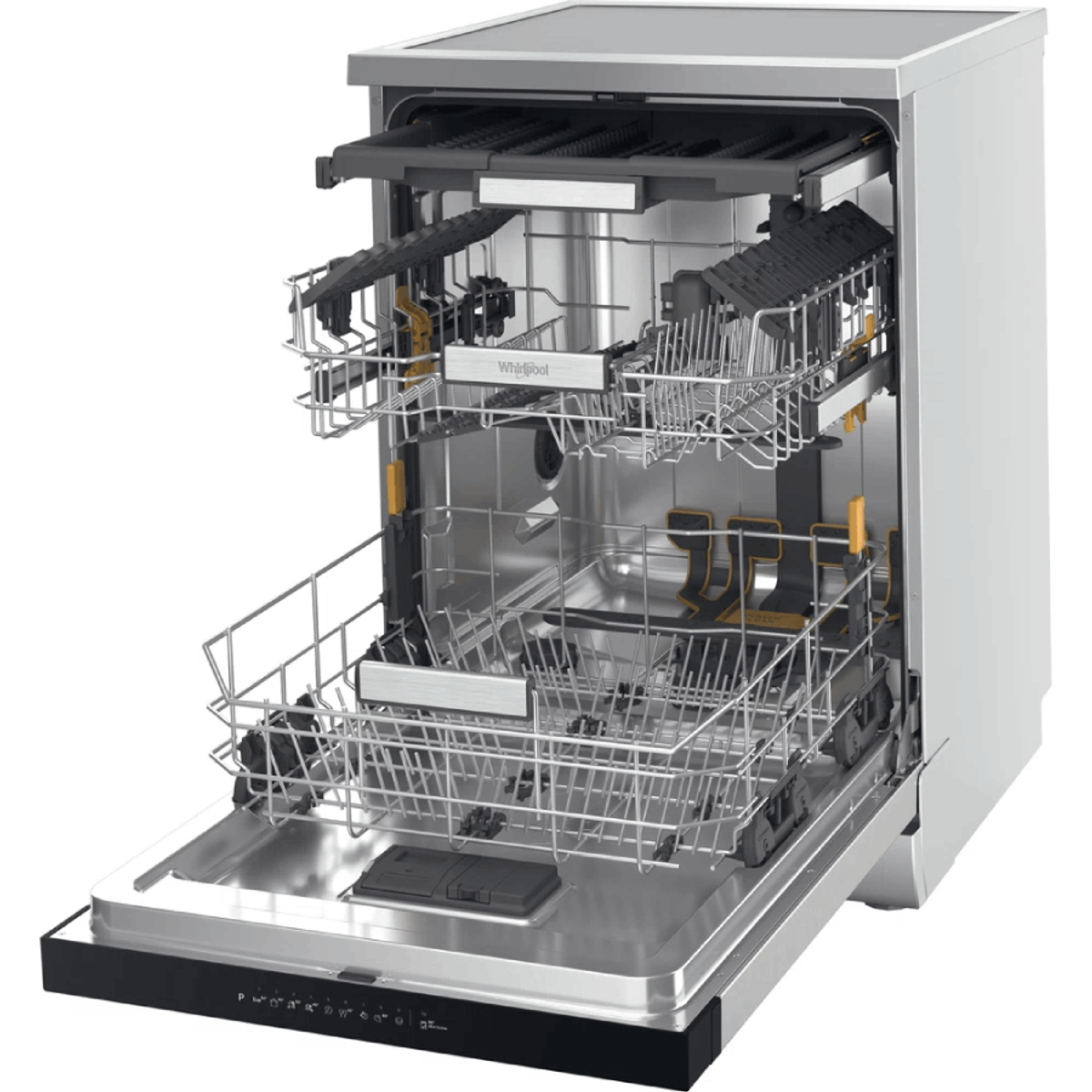 Open dishwasher with racks. Interior metal, trays are black. White body.