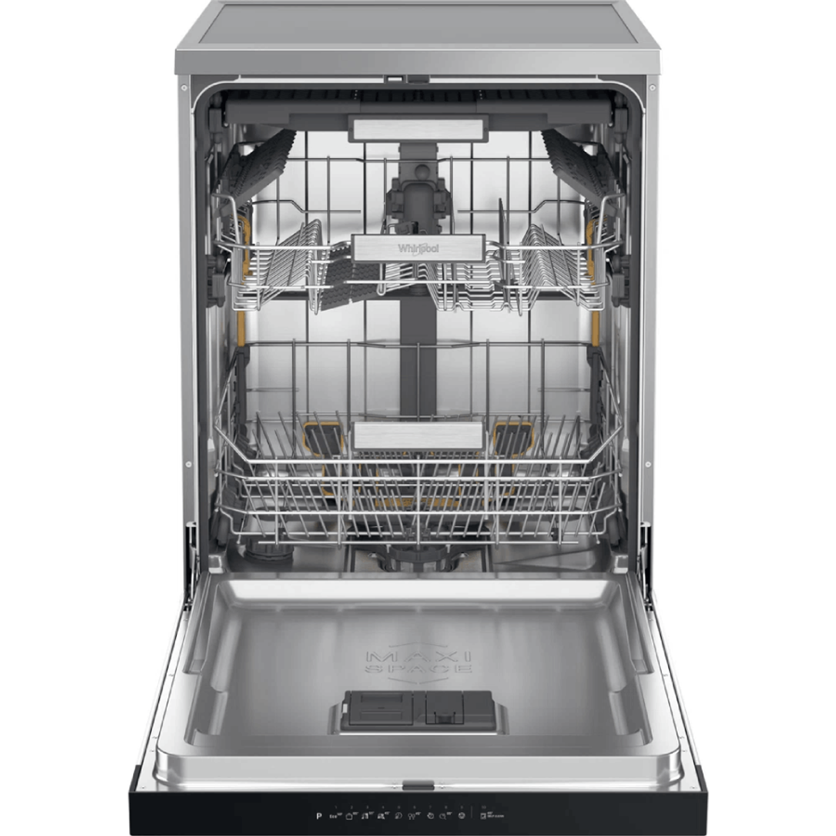A dishwasher with the door open. Interior racks and Maxi Space label are visible.