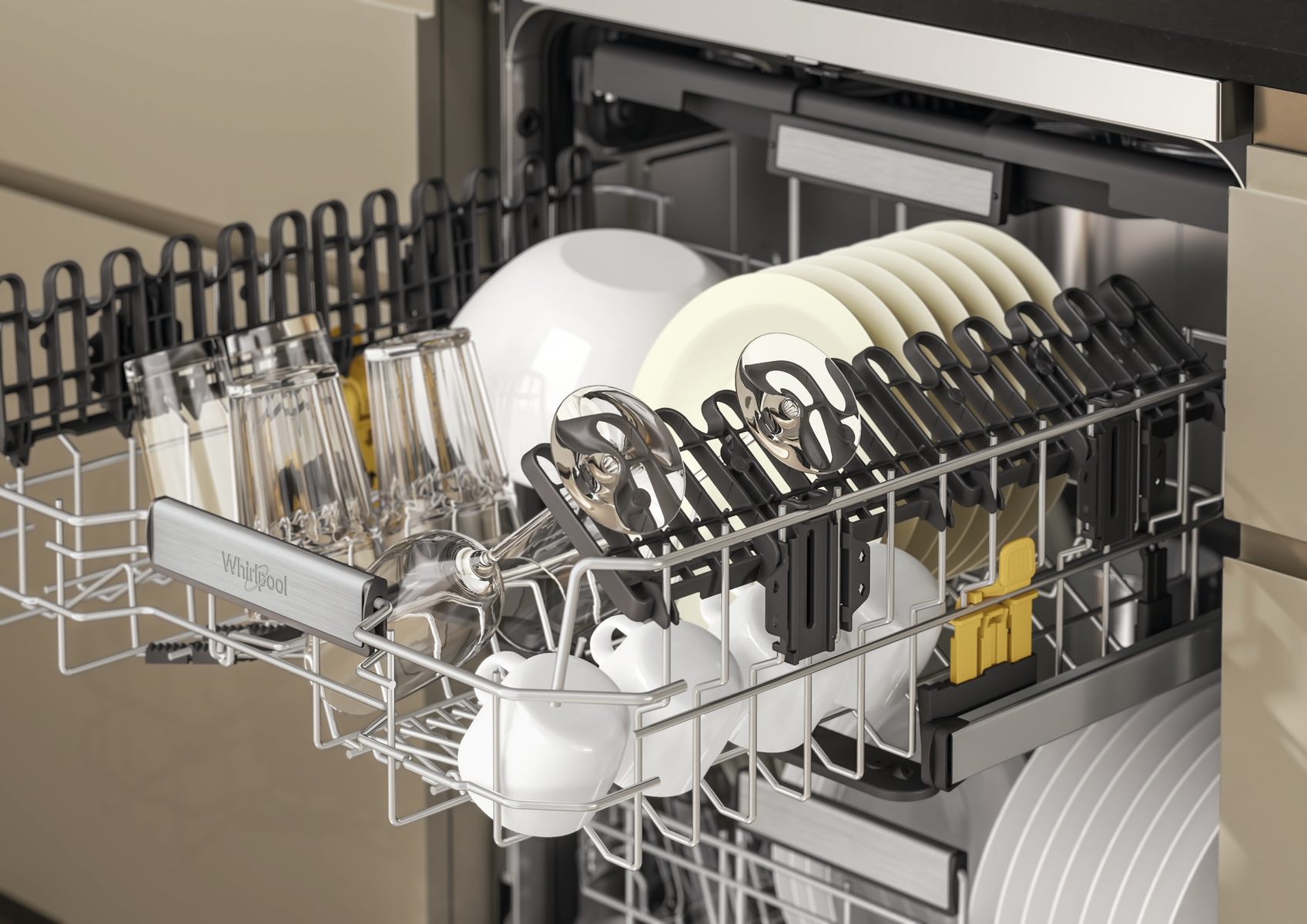 Dishwasher interior with dishes, glasses, and utensils in racks. Whirlpool logo visible.