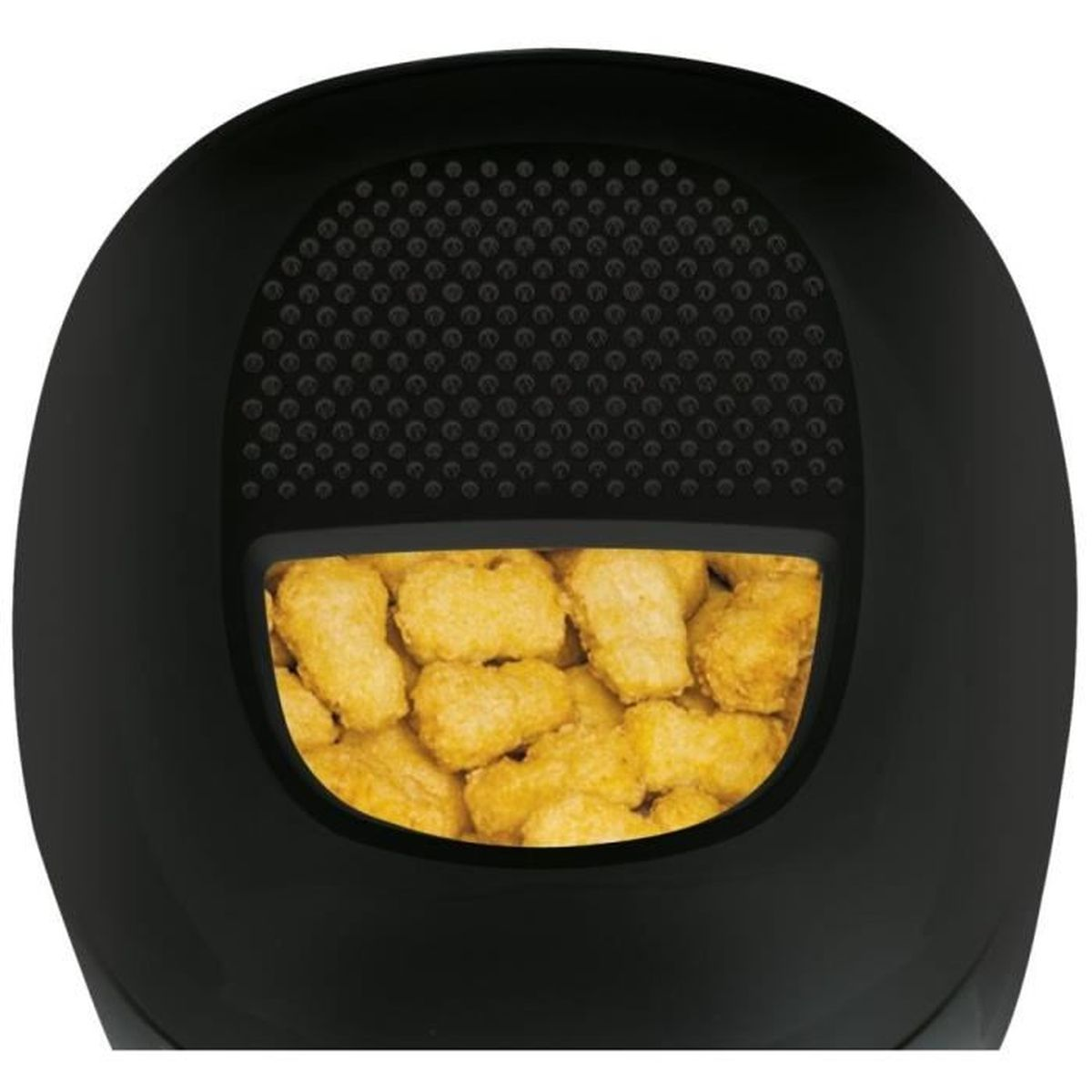 Czarna frytkownica powietrzna z koszem wypełnionym smażonym jedzeniem.