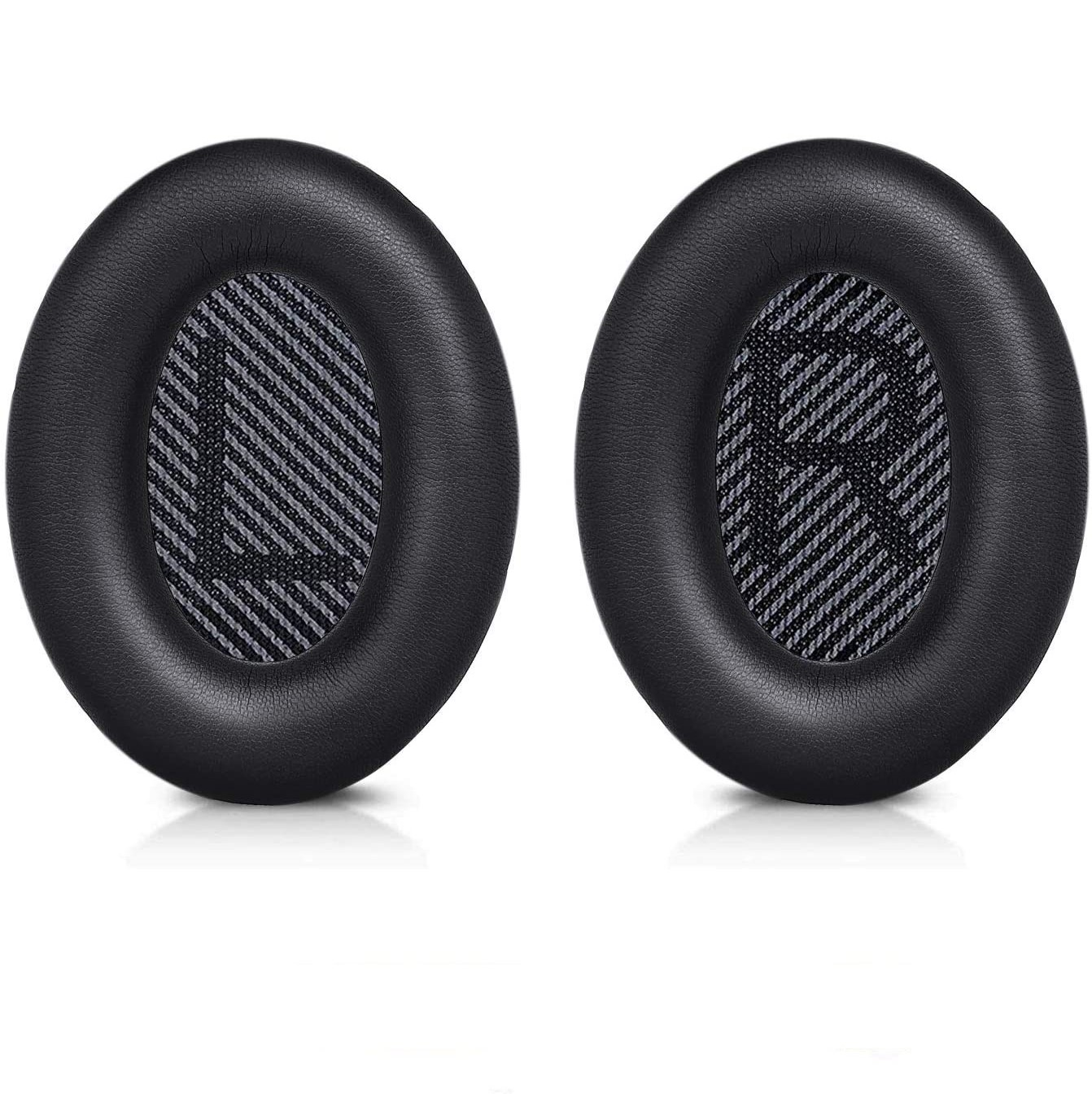 Dwie czarne poduszki nauszne słuchawek, z oznaczeniami L i R na siatce.