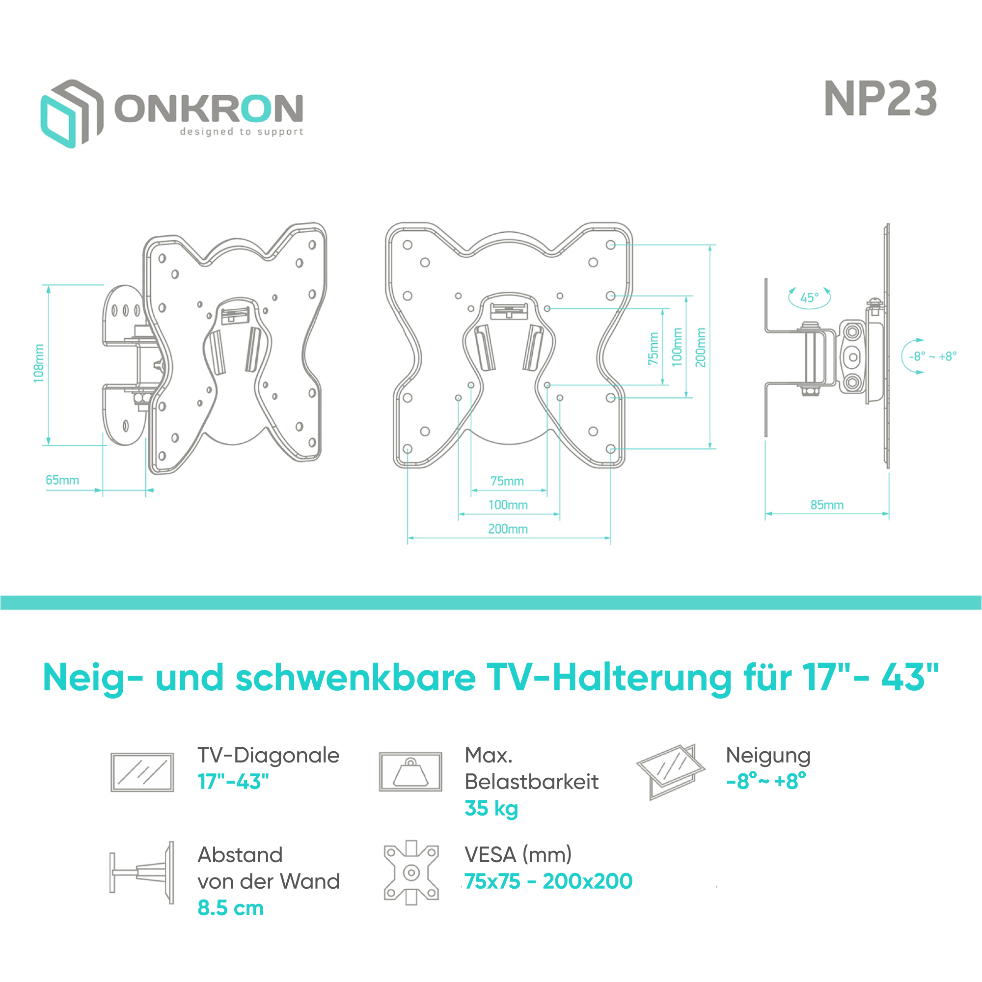 / Monitor schwenkbare für Halterung Schwarz ONKRON TV Wandhalterung, Neig- und TV