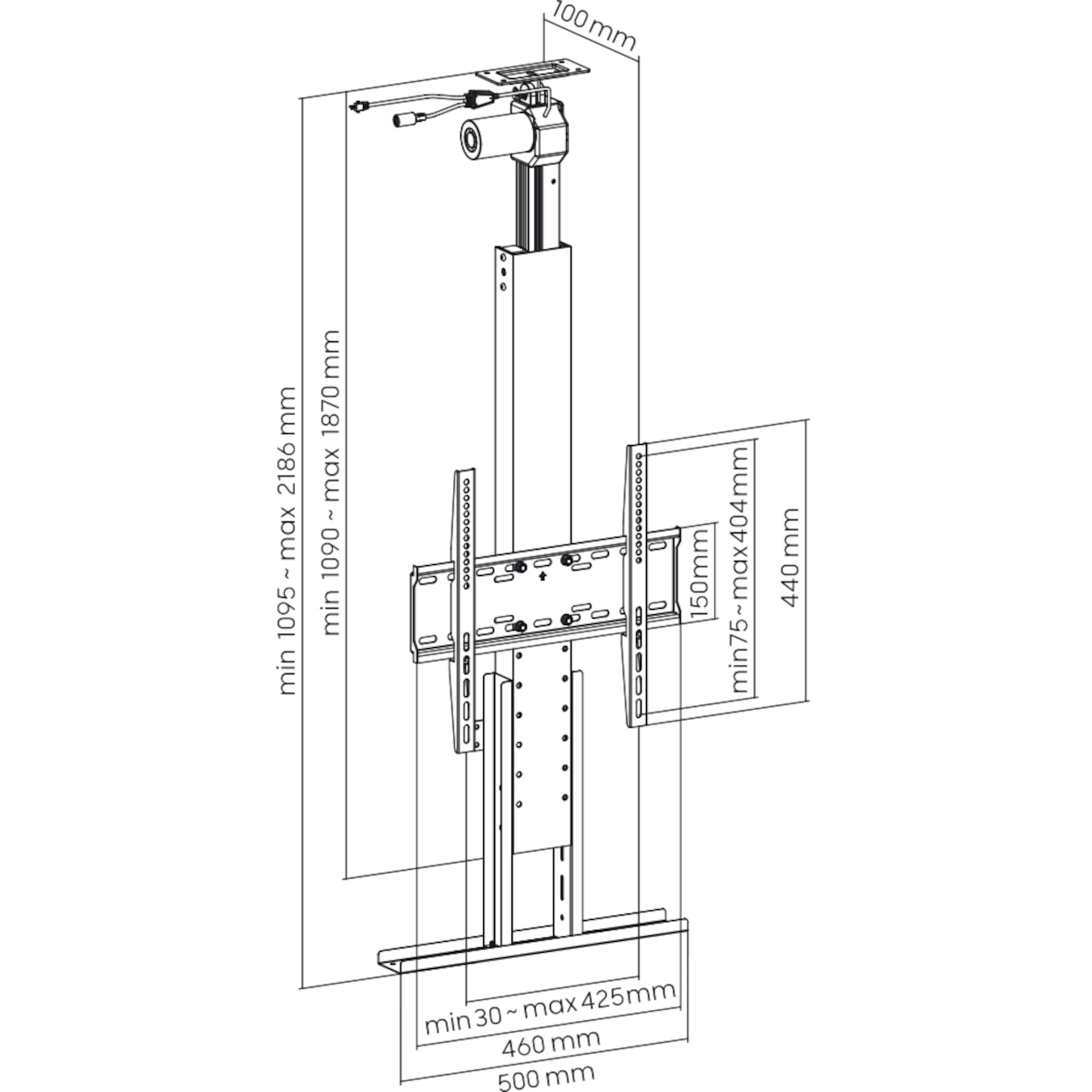 Diagramm eines TV-Hebemechanismus mit Messungen.