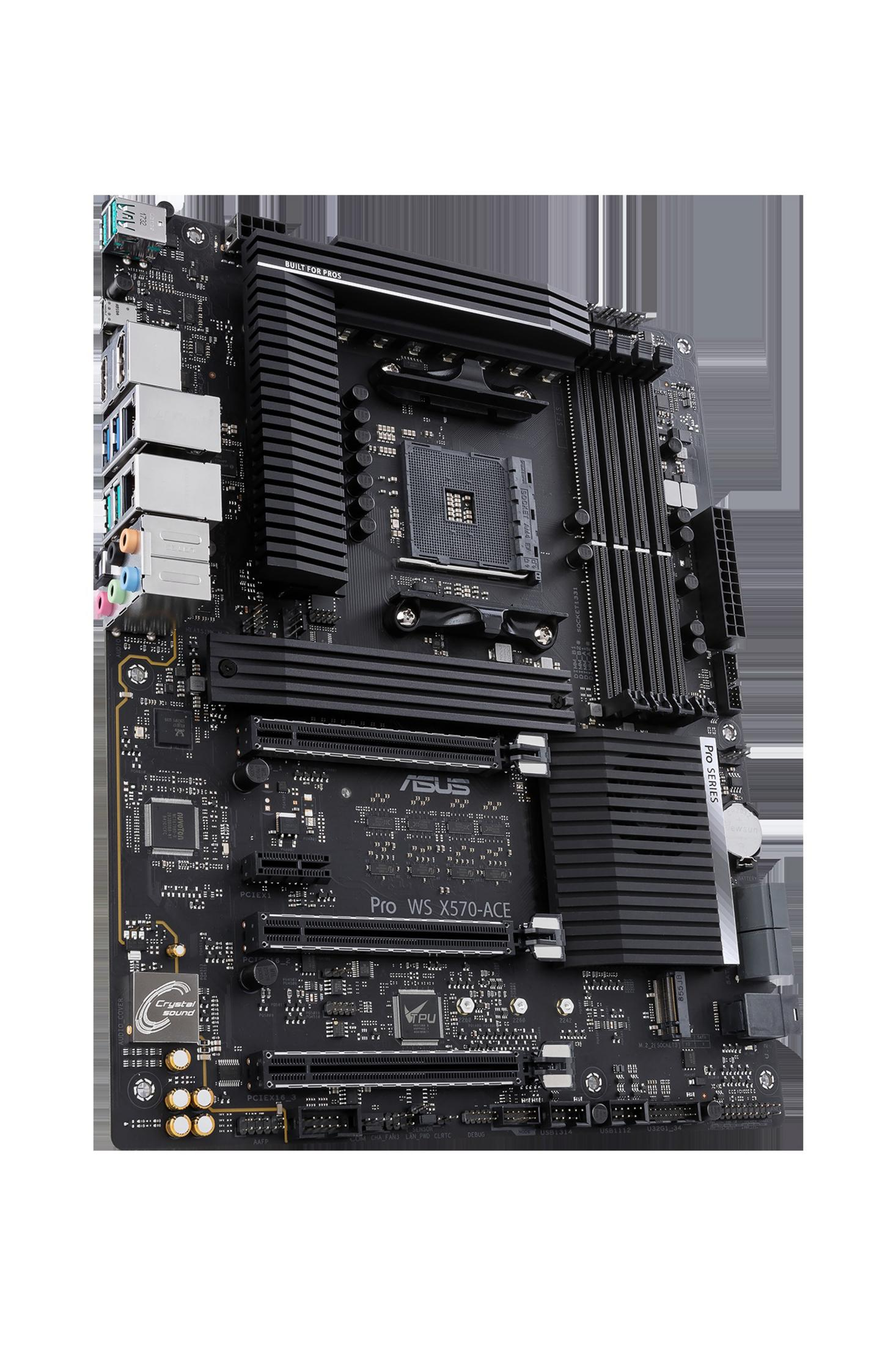 Una scheda madre nera. È un componente del computer. Etichetta: ASUS Pro WS X570-ACE.