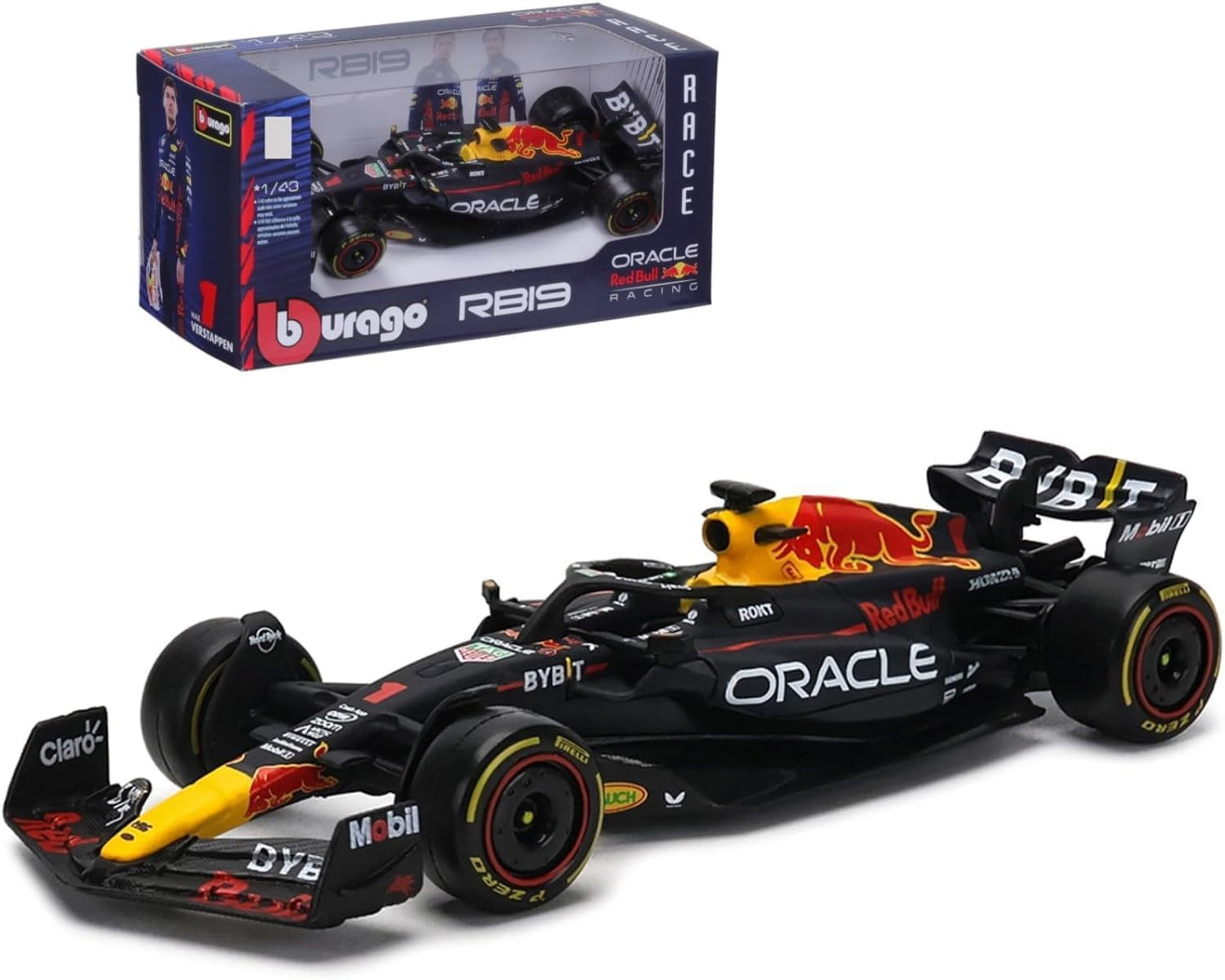 Red Bull Rennwagenmodell in einer Box. Das Auto ist schwarz mit roten und gelben Akzenten.