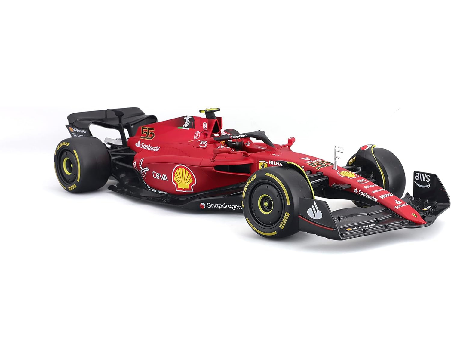 Rotes Formel-1-Rennwagen-Spielzeug mit Logos und schwarzen Reifen auf weißer Oberfläche.