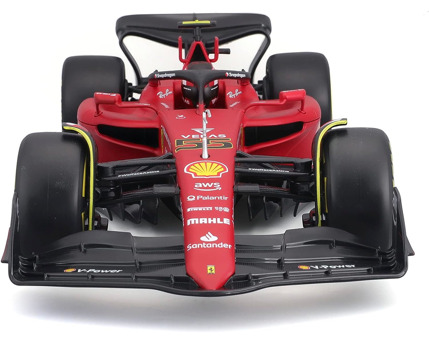 Ein roter Ferrari Formel-1-Rennwagen. Die Vorderseite des Autos ist sichtbar.